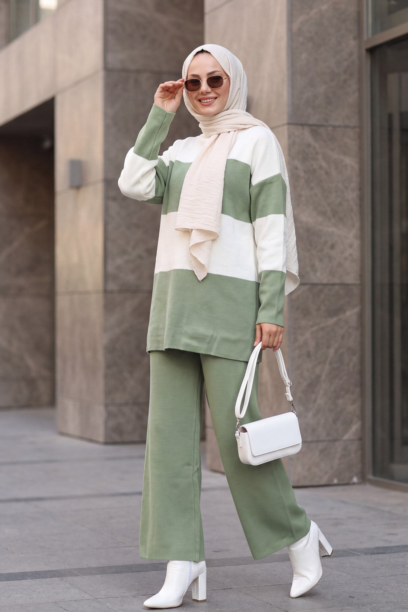 Half-Turtleneck Striped Knit Lounge Set - Sage Green - Podyumplus - by Peralane - photo 5