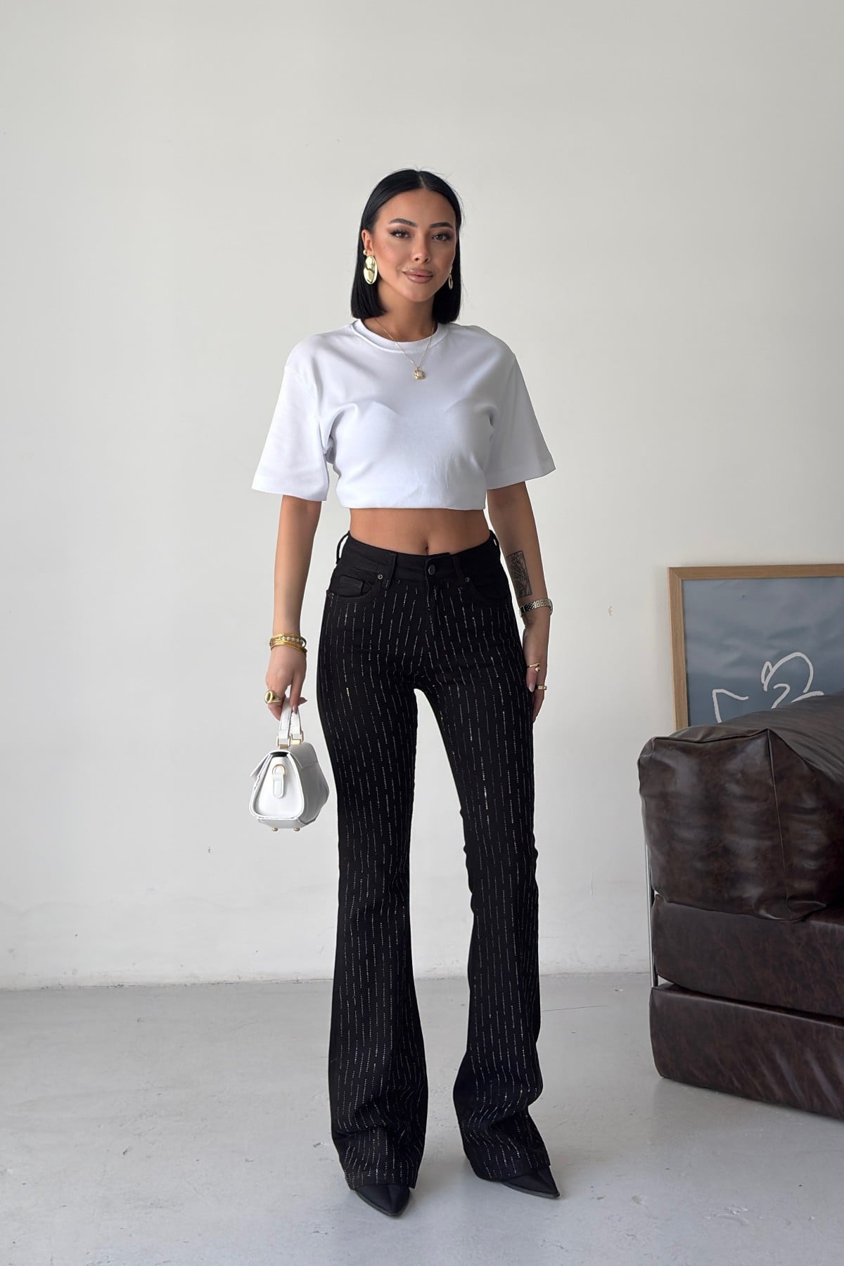 Women's Black Cotton Denim Flared Trousers with Reflective Pinstripe Detail - Xlove - by Peralane - photo 6