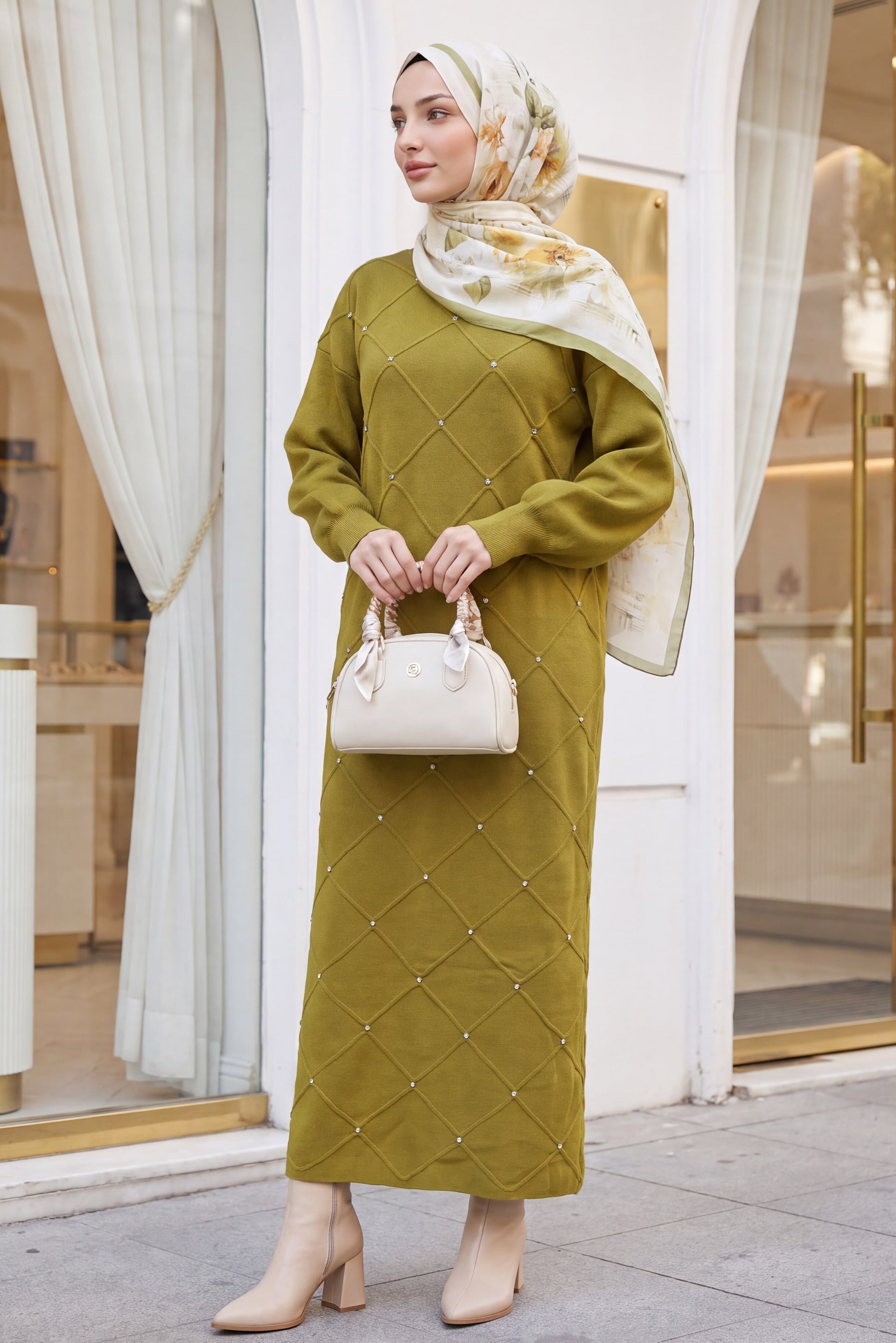 Stone Detail Check Pattern Balloon Sleeve Knit Dress - Olive Green - Podyumplus - by Peralane - photo 3
