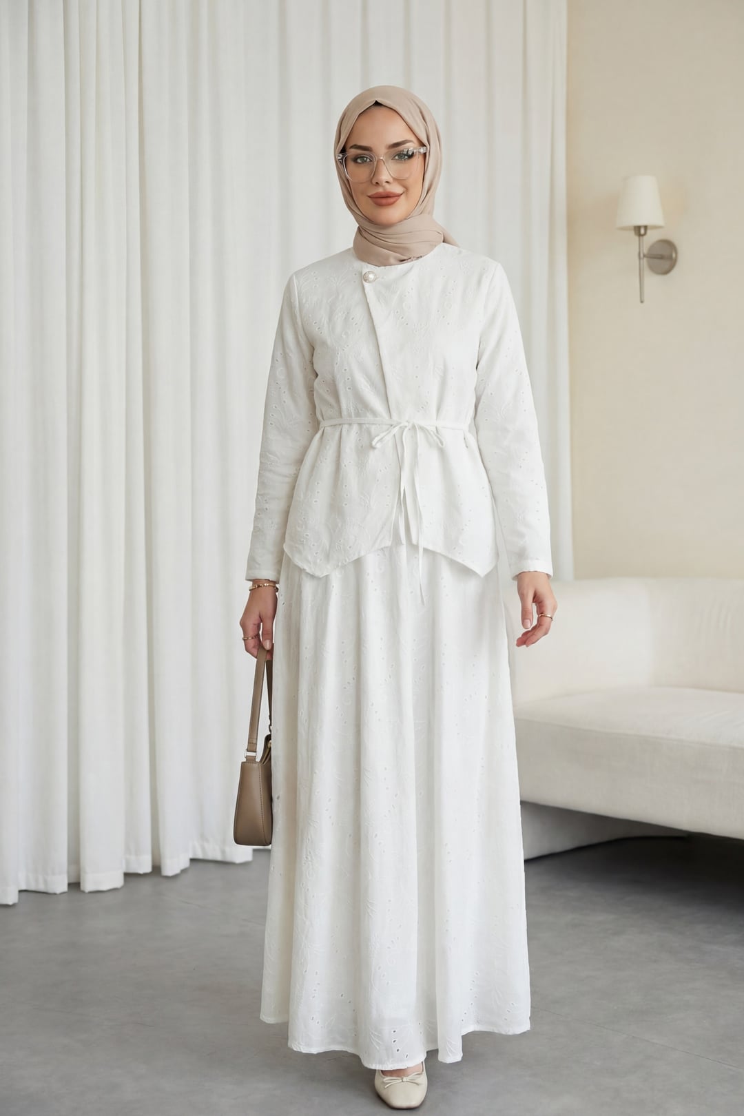 White Modest Two-Piece Set with Cross-Front Button Top and Maxi Skirt - Podyumplus - by Peralane