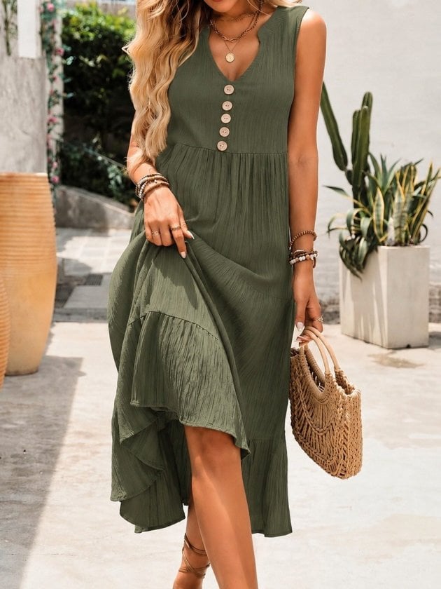 Women's Sleeveless V-Neck Button-Front Midi Crinkle Dress - Janes - by Peralane - photo 2