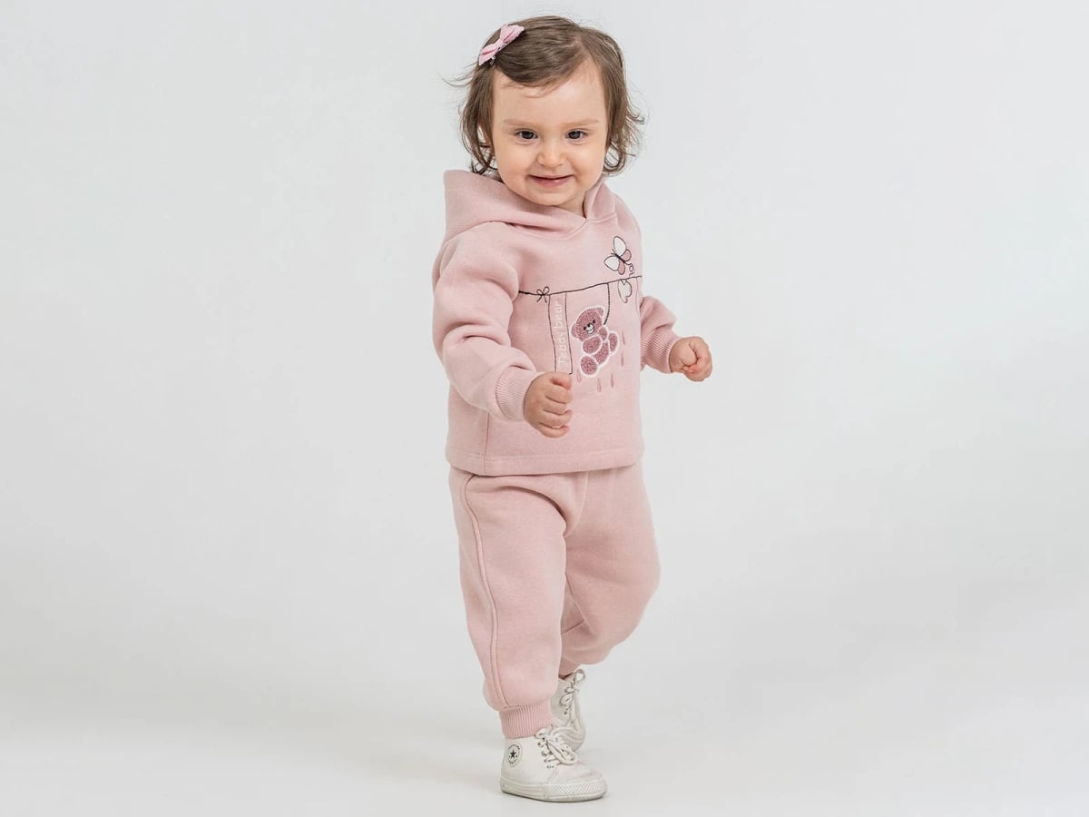 Pink Teddy Bear Print Hooded Baby Girl Sweatshirt and Trousers Set - Pampal Kids - by Peralane