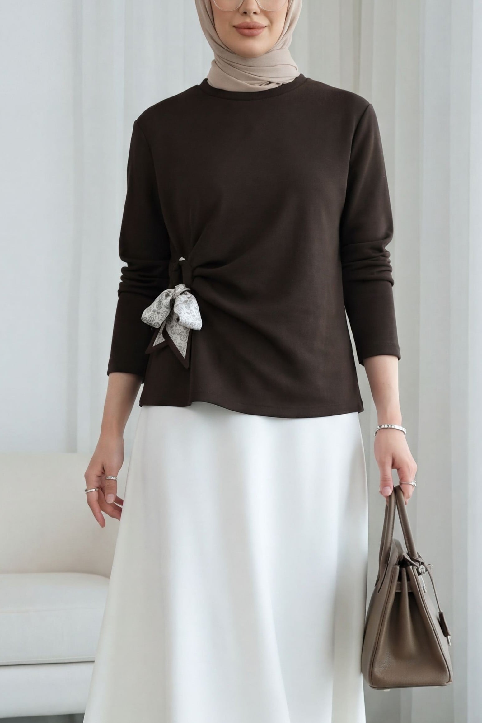 Women's Dark Brown Side-Tie Wrap Top with Scarf Detail - Podyumplus - by Peralane - photo 7