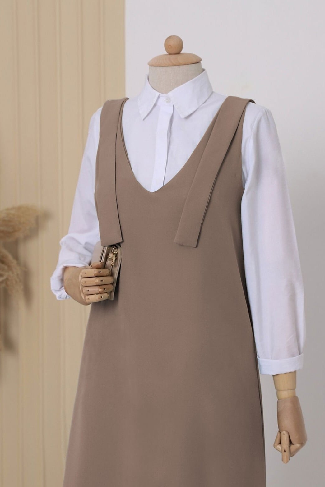 Long Sleeveless Jumper Dress with Shoulder Ties - Light Brown - Podyumplus - by Peralane - photo 4