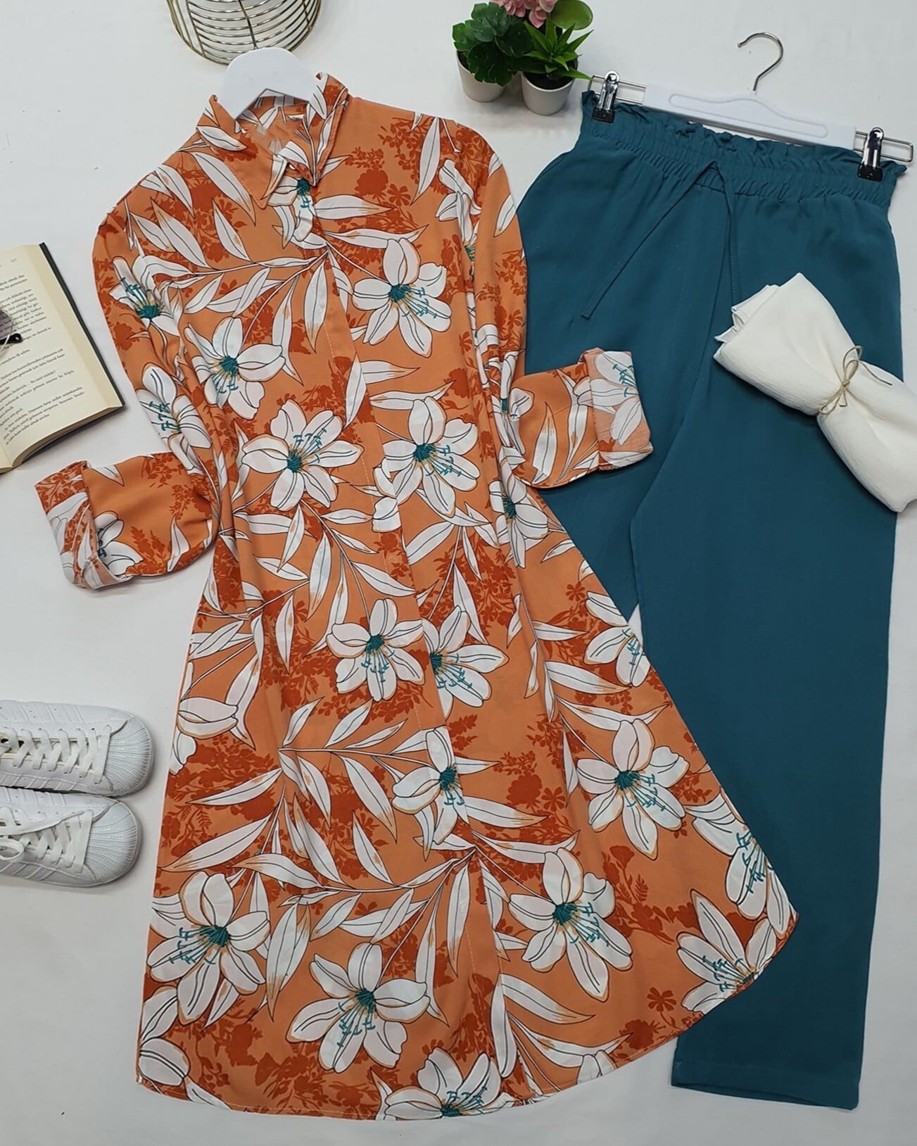 Floral Print Shirt Tunic with Trousers Set - Orange - Podyumplus - by Peralane - photo 2