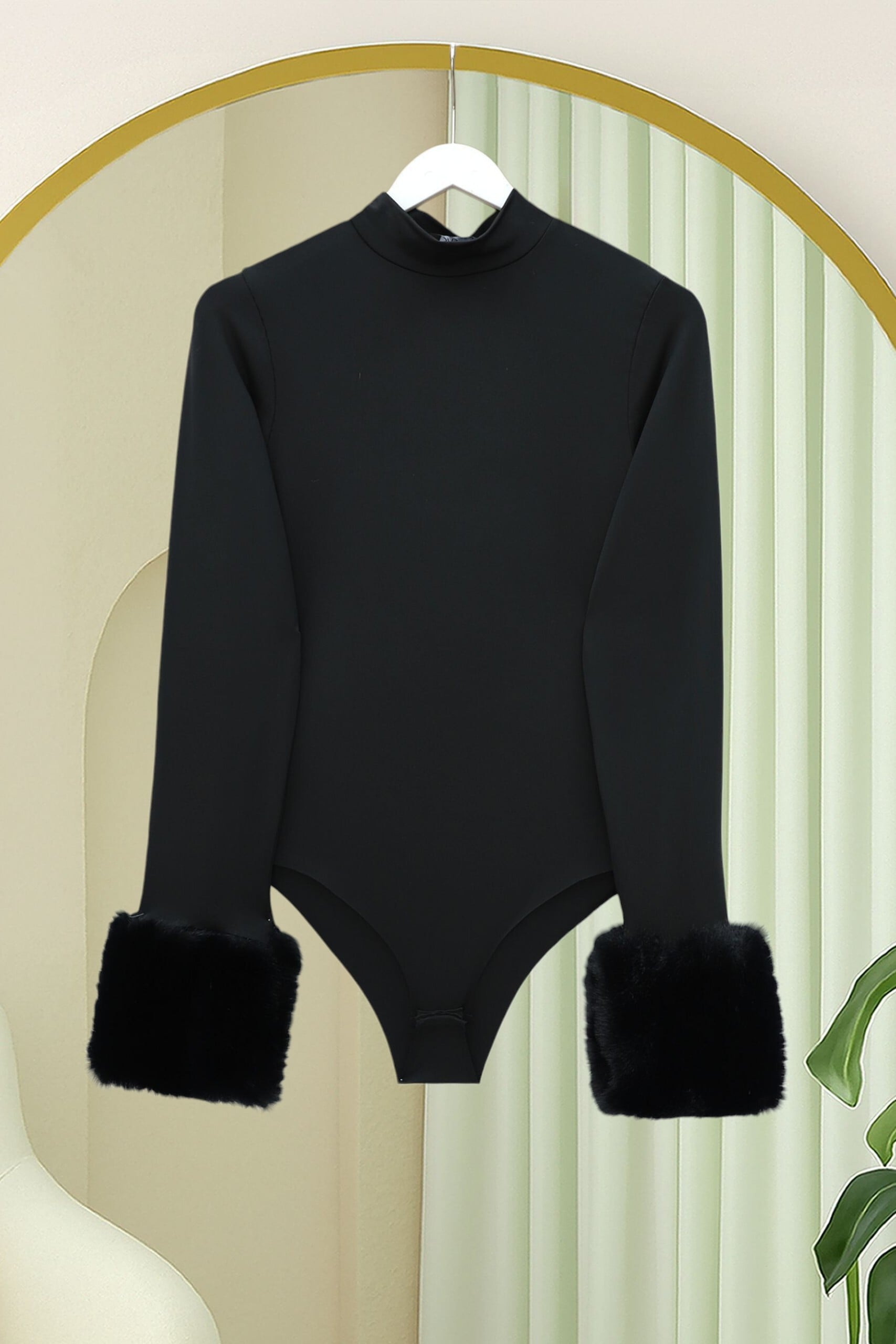 Women's Half-Turtleneck Snap Bodysuit Blouse with Faux Fur Cuffs - Black - Podyumplus - by Peralane - photo 3