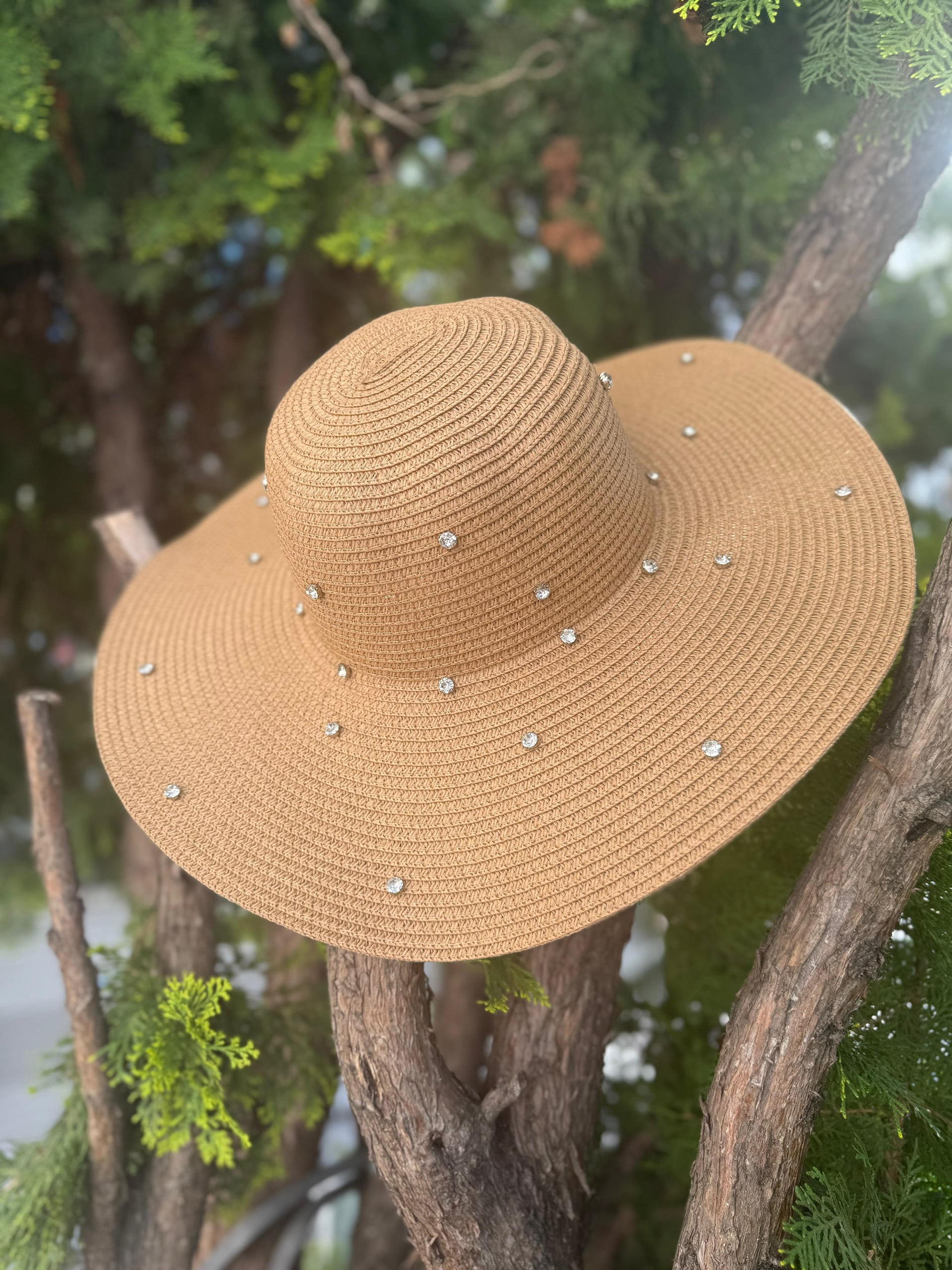 Full Rhinestone Camel Wide-Brimmed Straw Hat - Nesvay - by Peralane