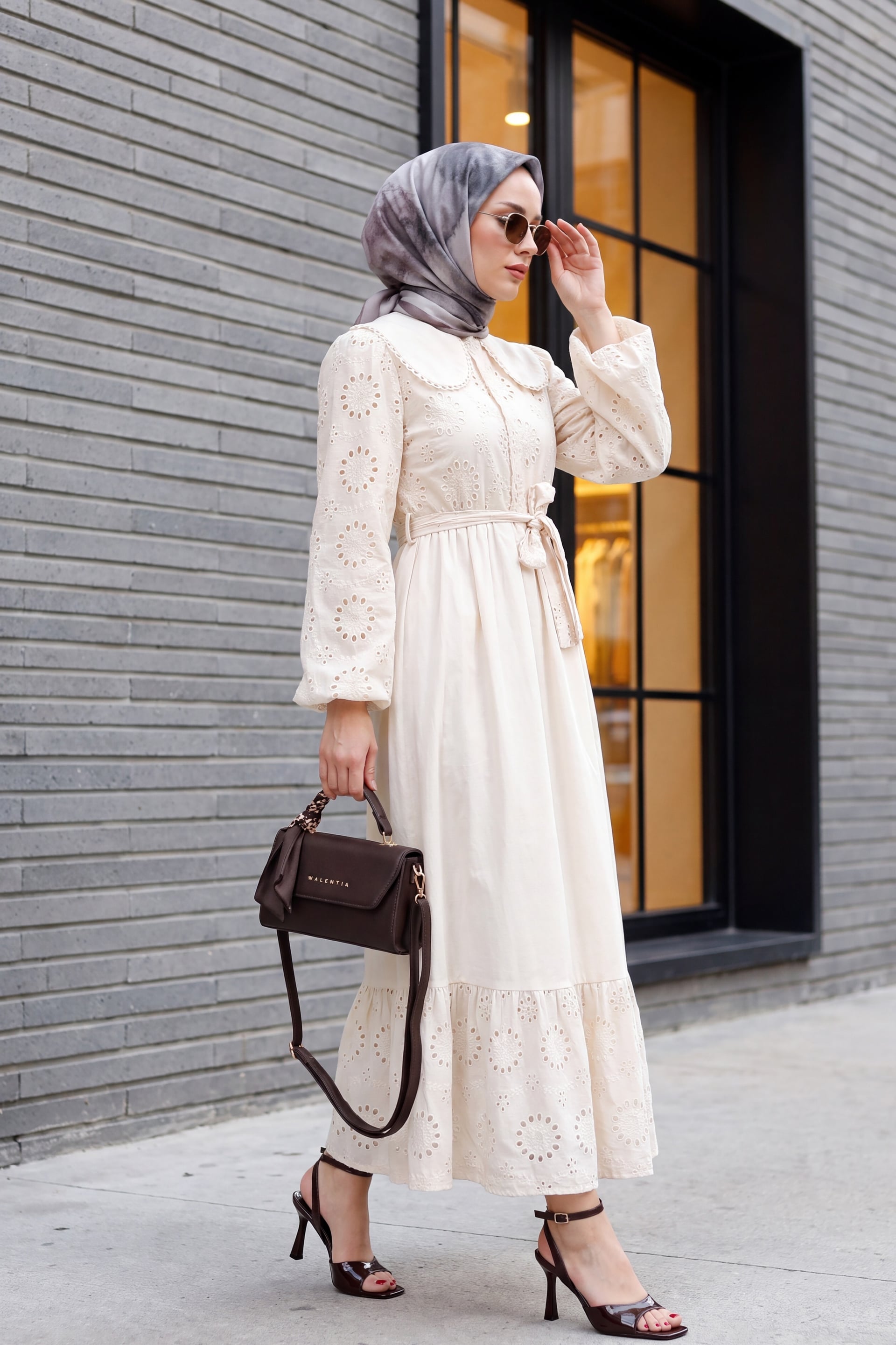 Peter Pan Collar Half Button Eyelet Dress - Beige - Podyumplus - by Peralane - photo 3