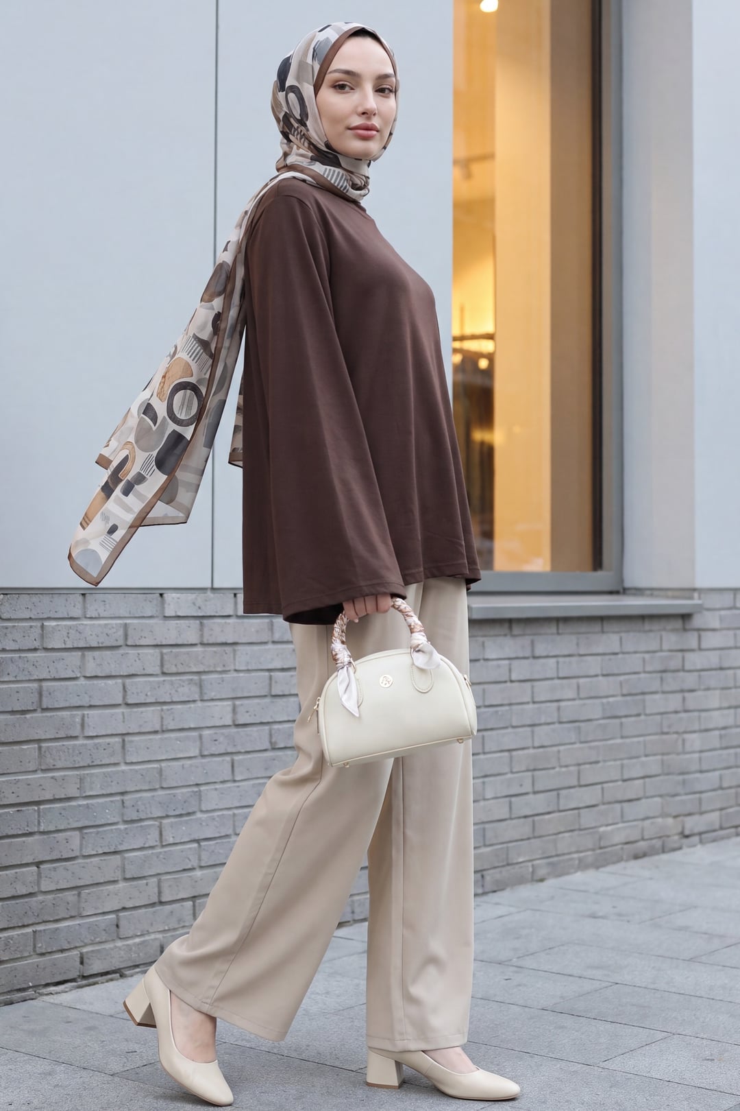 Dark Brown Crew Neck Spanish Sleeve Padded Shoulder Lining Blouse - Podyumplus - by Peralane - photo 4
