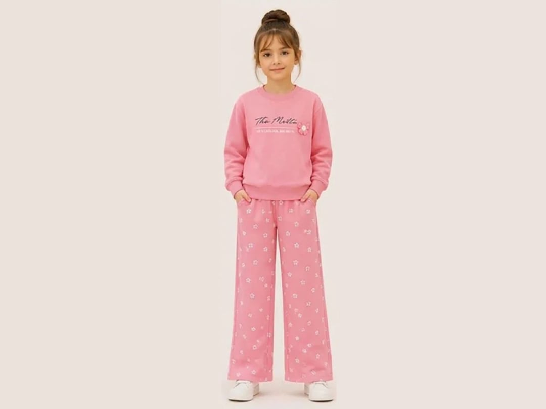 Girls' Floral Print 3-Thread Brushed Sweatshirt and Trousers Set - Pink - Bittos Kids - by Peralane