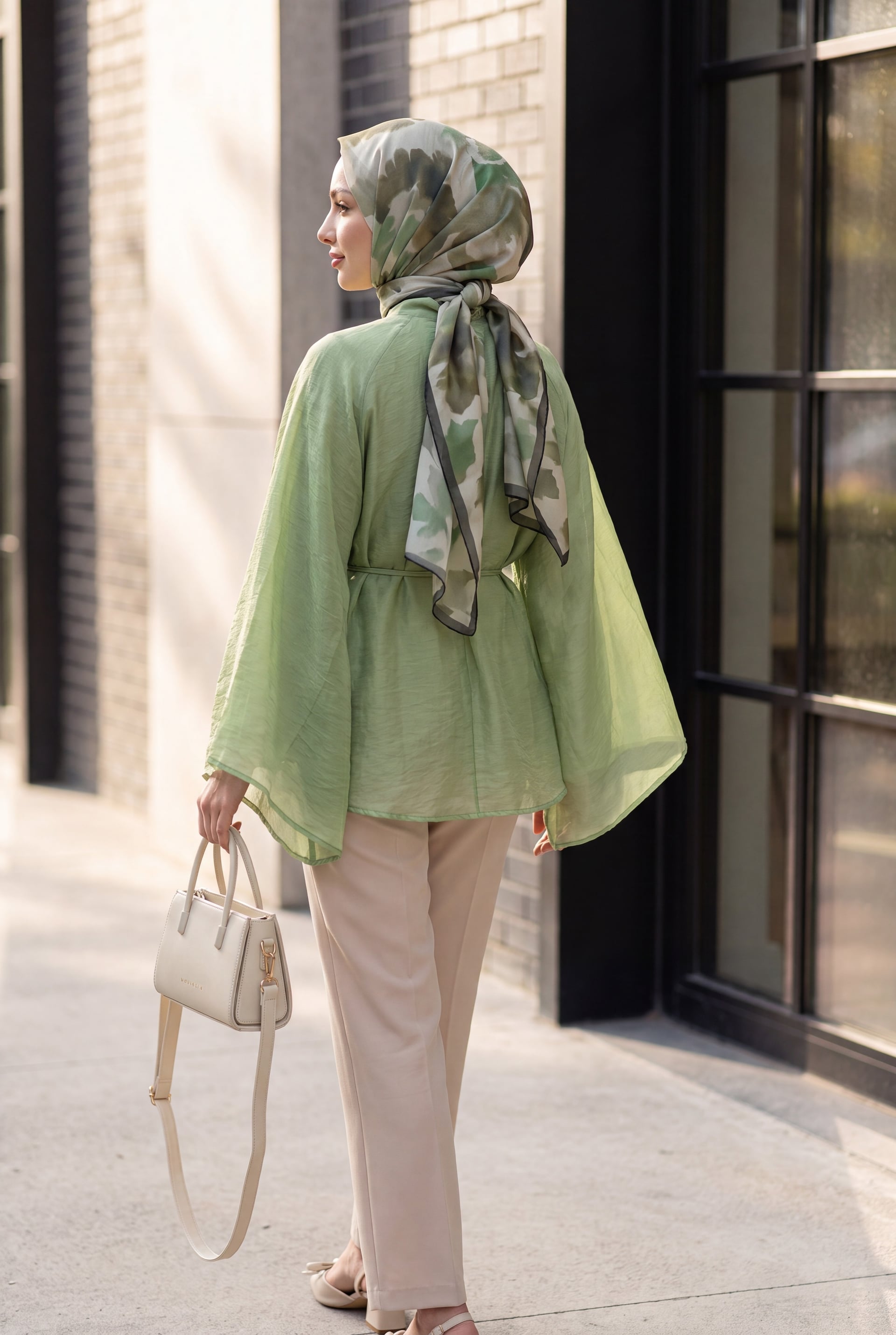 Hakim Collar Belted Lined Spanish Sleeve Oversize Lyocell Tunic - Pale Green - Podyumplus - by Peralane - photo 3
