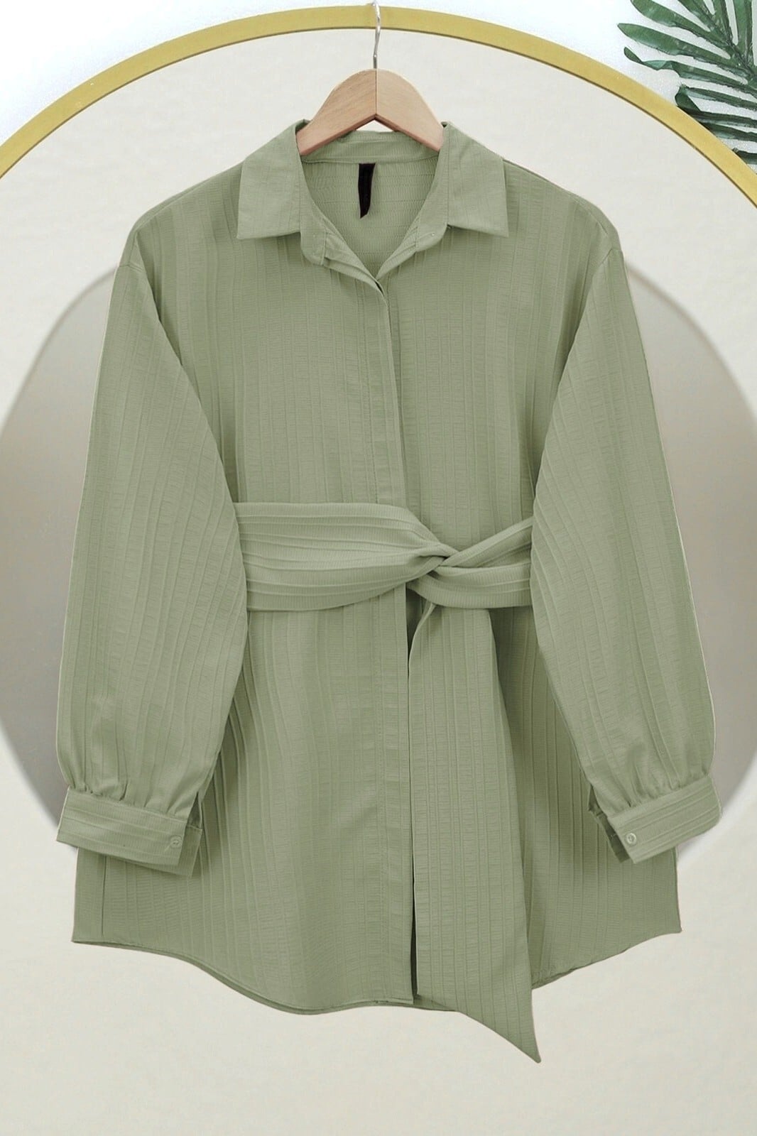 Belted Crinkle Corduroy Tunic Top - Sage Green - Podyumplus - by Peralane - photo 7