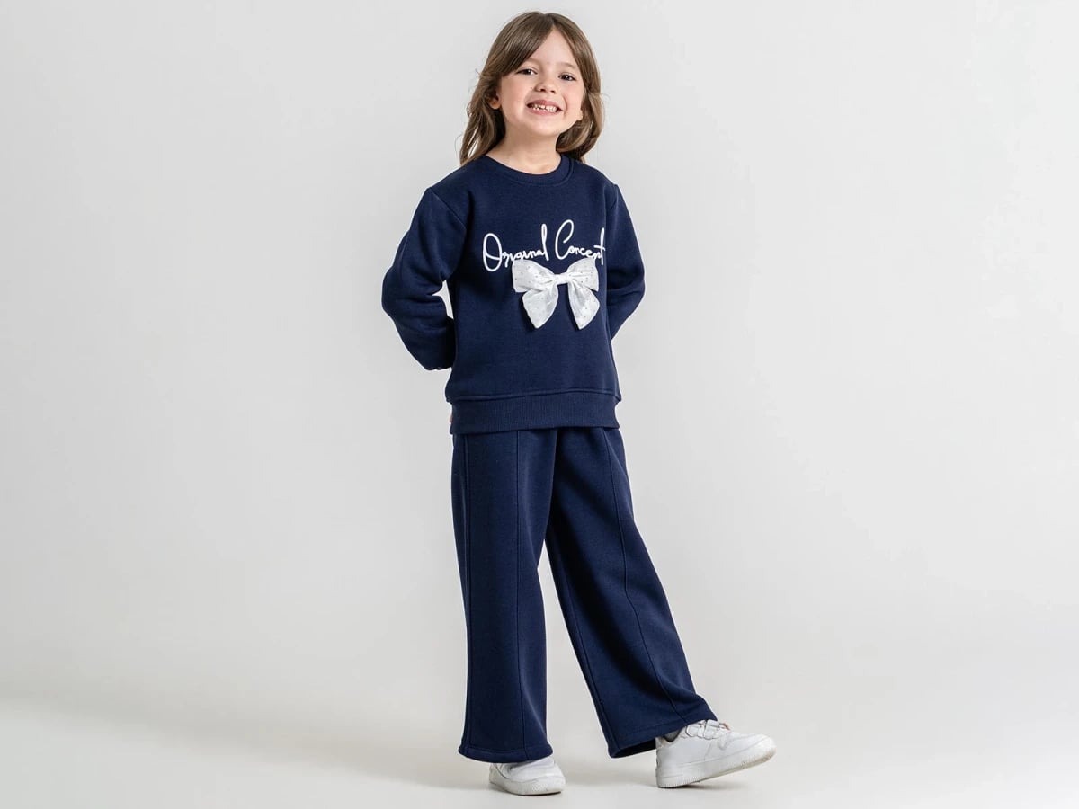 Girls' Navy Blue Sweatshirt and Trousers Set with Bow Print - Pampal Kids - by Peralane