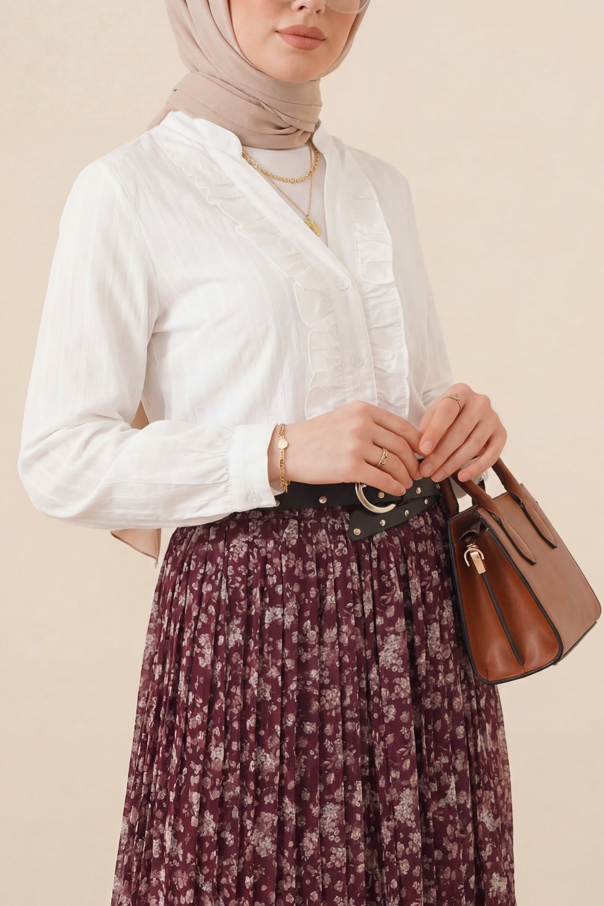 V-Neck Frill Front Tencel Semi-Transparent Bouquet Blouse - White - Podyumplus - by Peralane