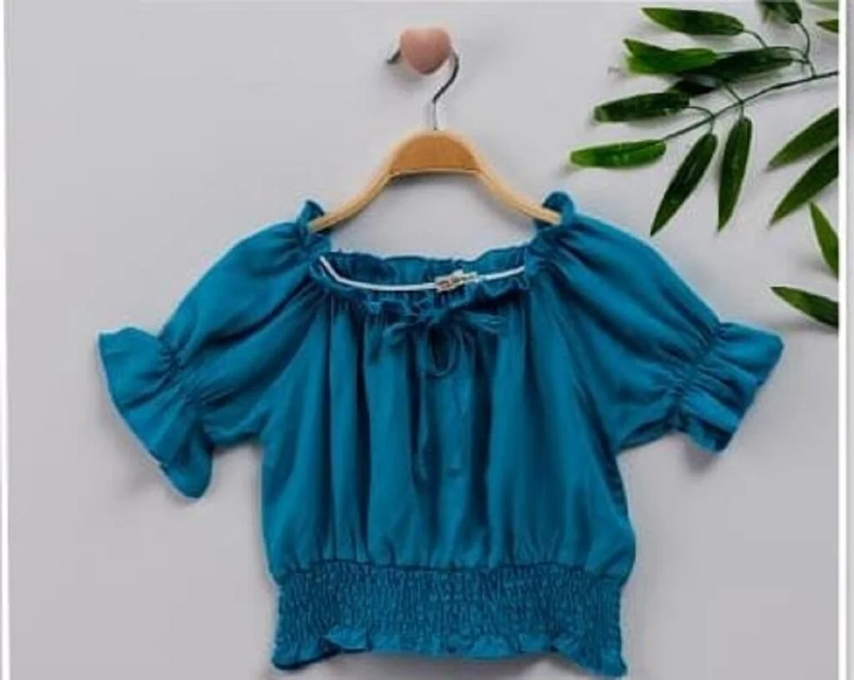 Girls' Off-Shoulder Ruffle Sleeve Blouse - Teal - Busra Bebe - by Peralane