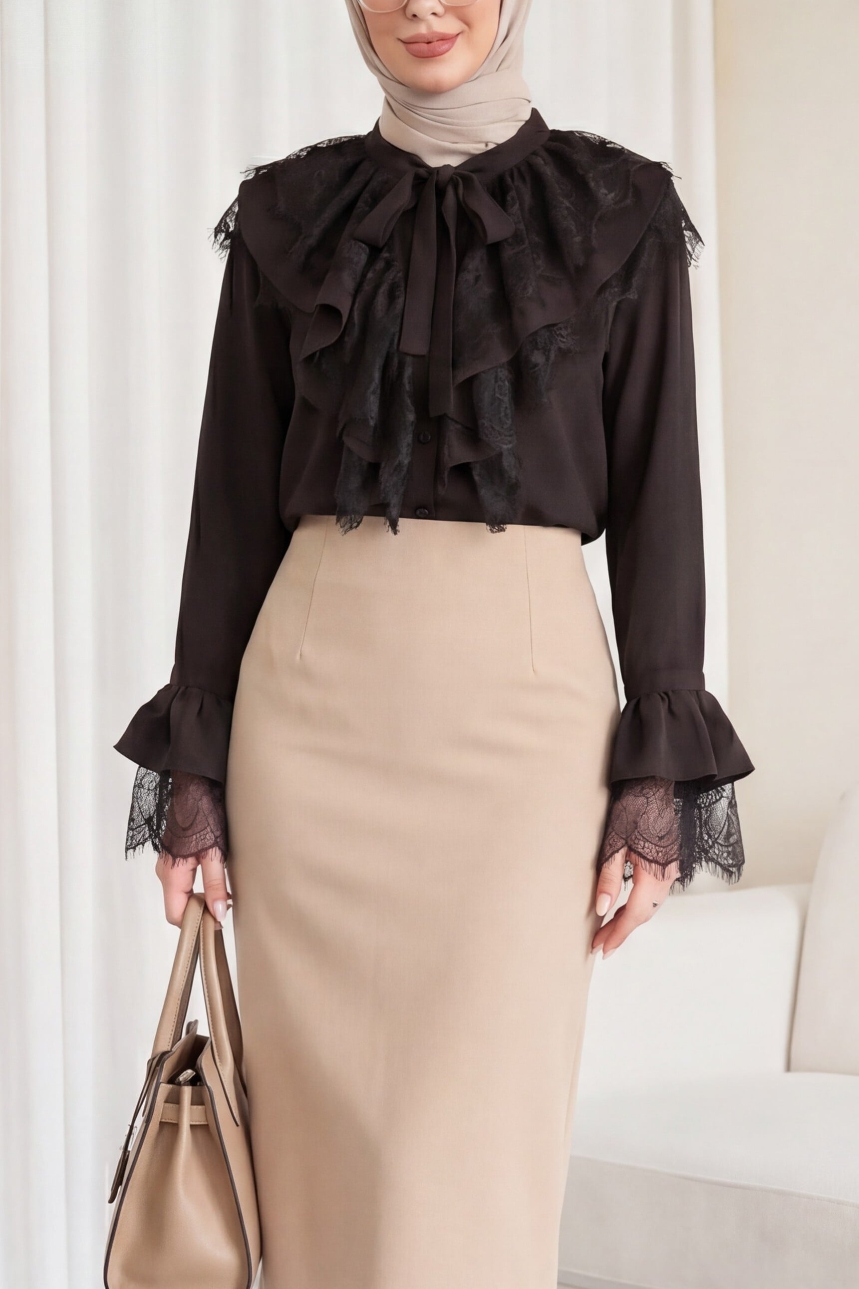 Pussy-Bow Tie Blouse with Lace Trim and Flared Cuffs - Dark Brown - Podyumplus - by Peralane