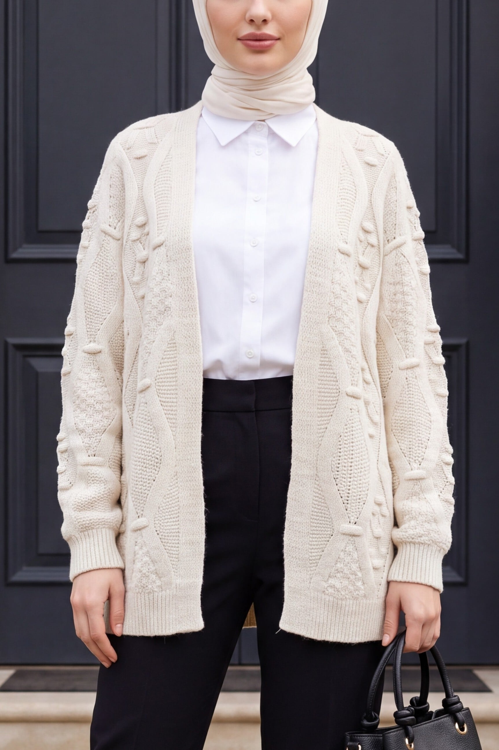 Pom-Pom Detail Hip-Length Knit Cardigan - Stone - Podyumplus - by Peralane