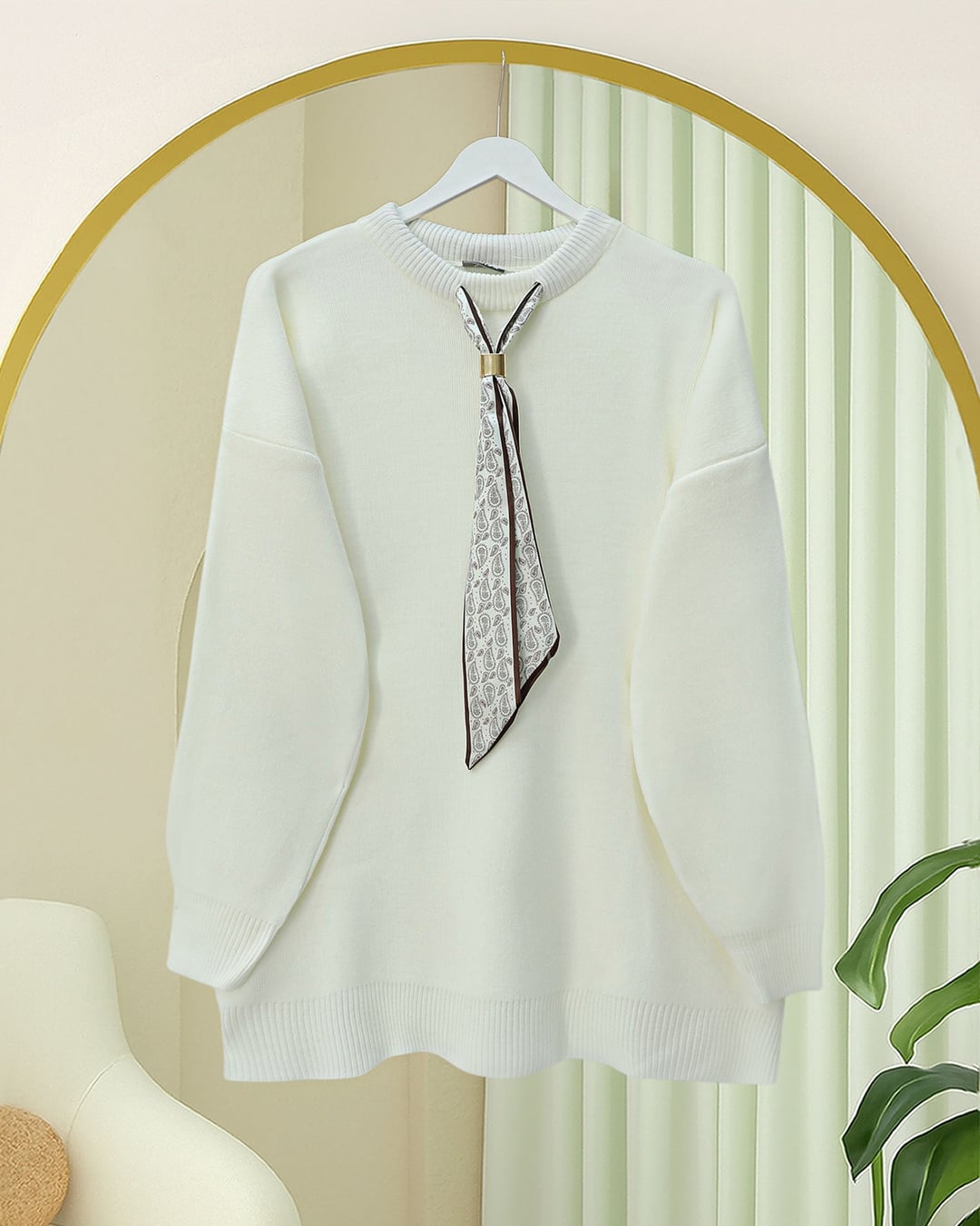 Round Neck Knit Tunic with Scarf - Ecru - Podyumplus - by Peralane - photo 4