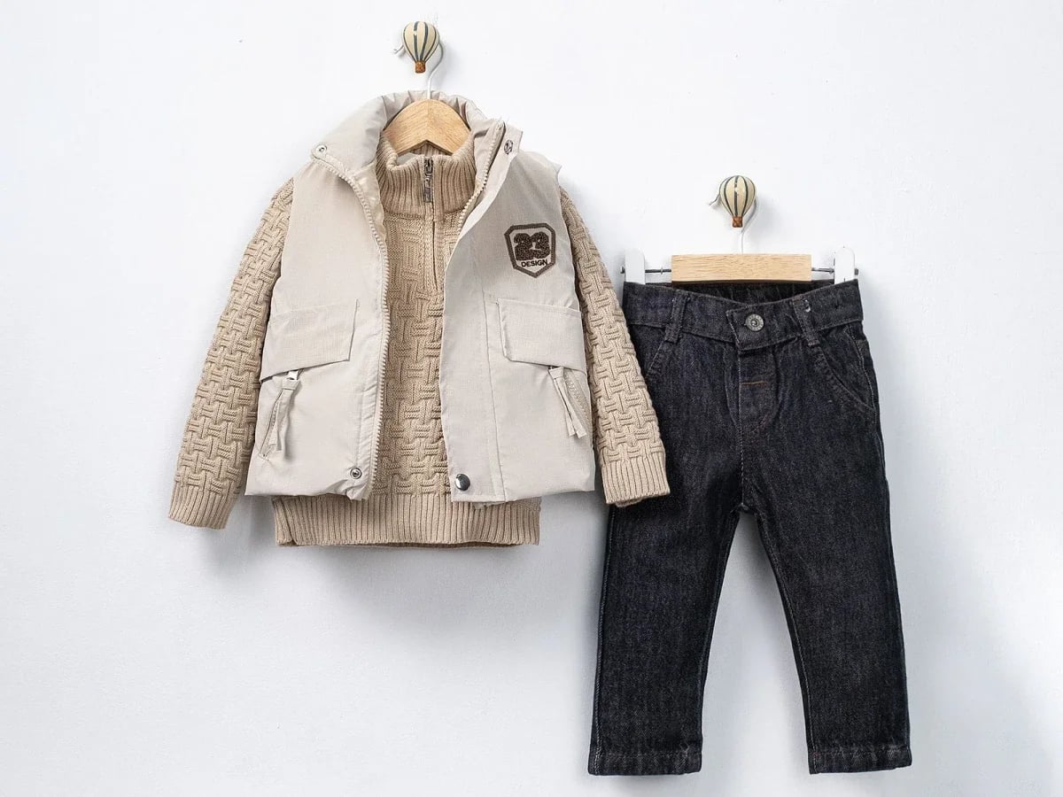 Embroidered Gilet and Knit Sweater Boys' Set with Denim Trousers - Canoz - by Peralane