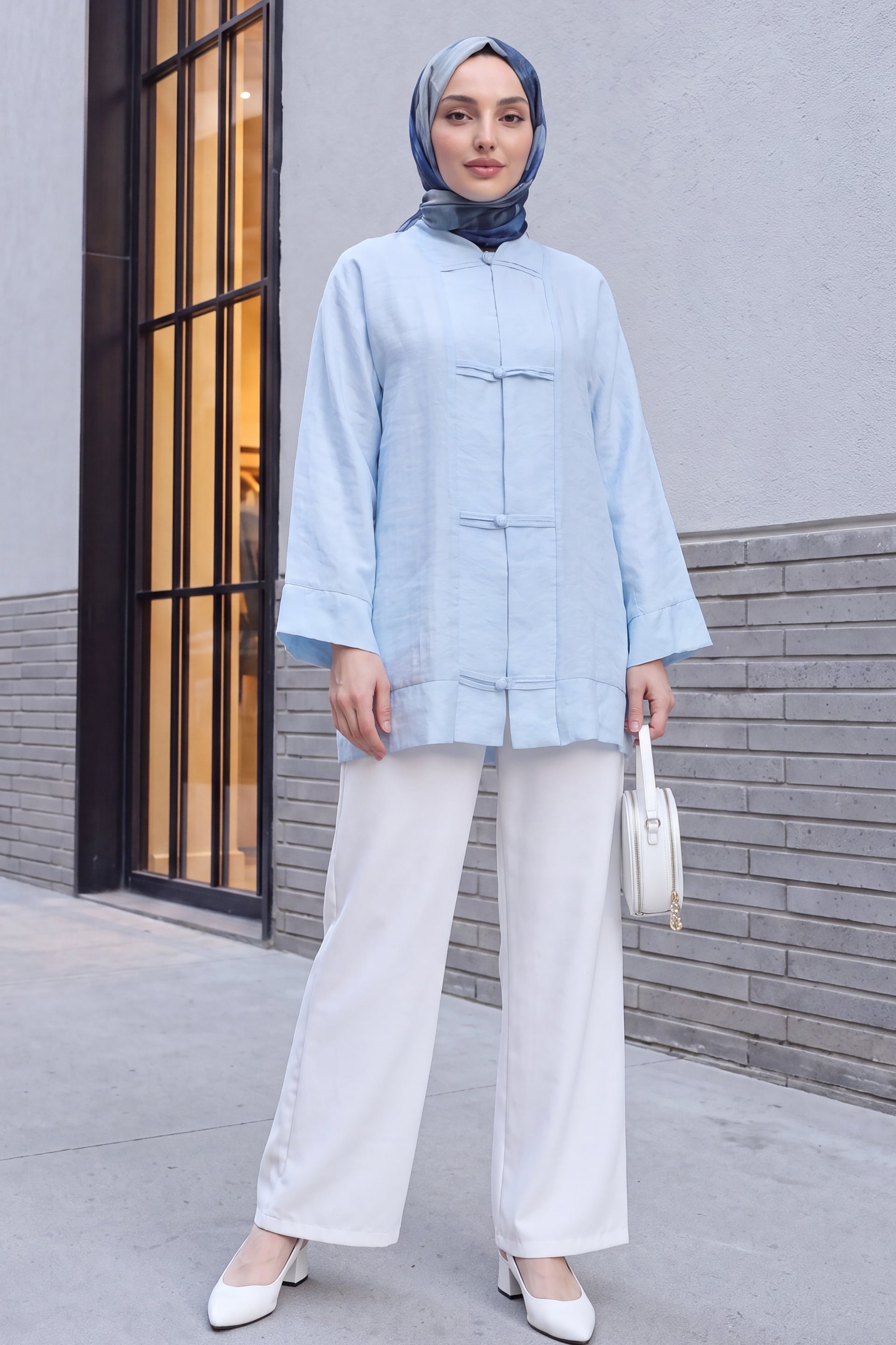 Biye Buttoned V-Neck Organza Voile Oversize Kimono - Light Blue - Podyumplus - by Peralane - photo 4