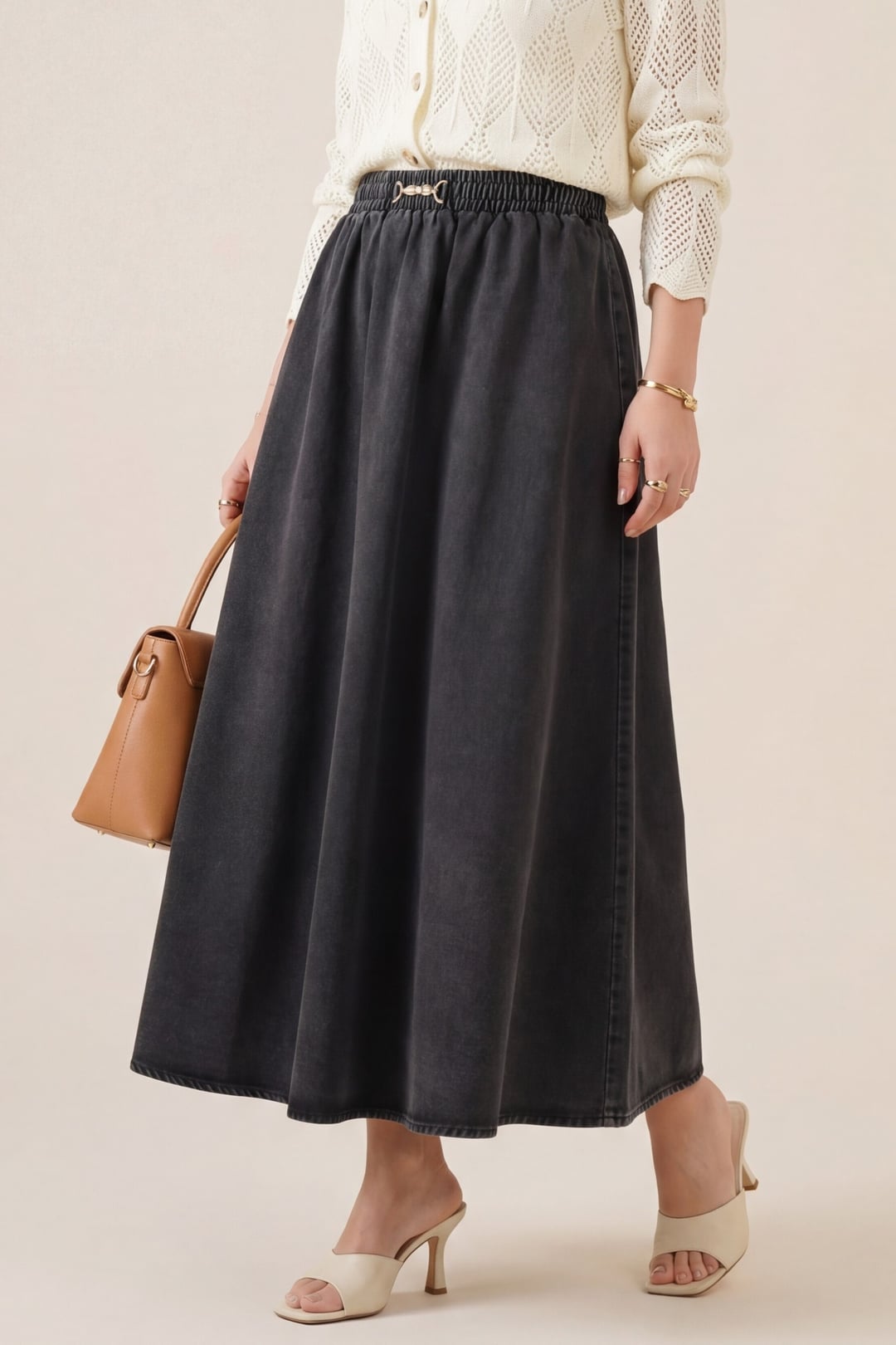Elasticated Waist Denim Midi Skirt with Buckle Detail - Anthracite - Podyumplus - by Peralane