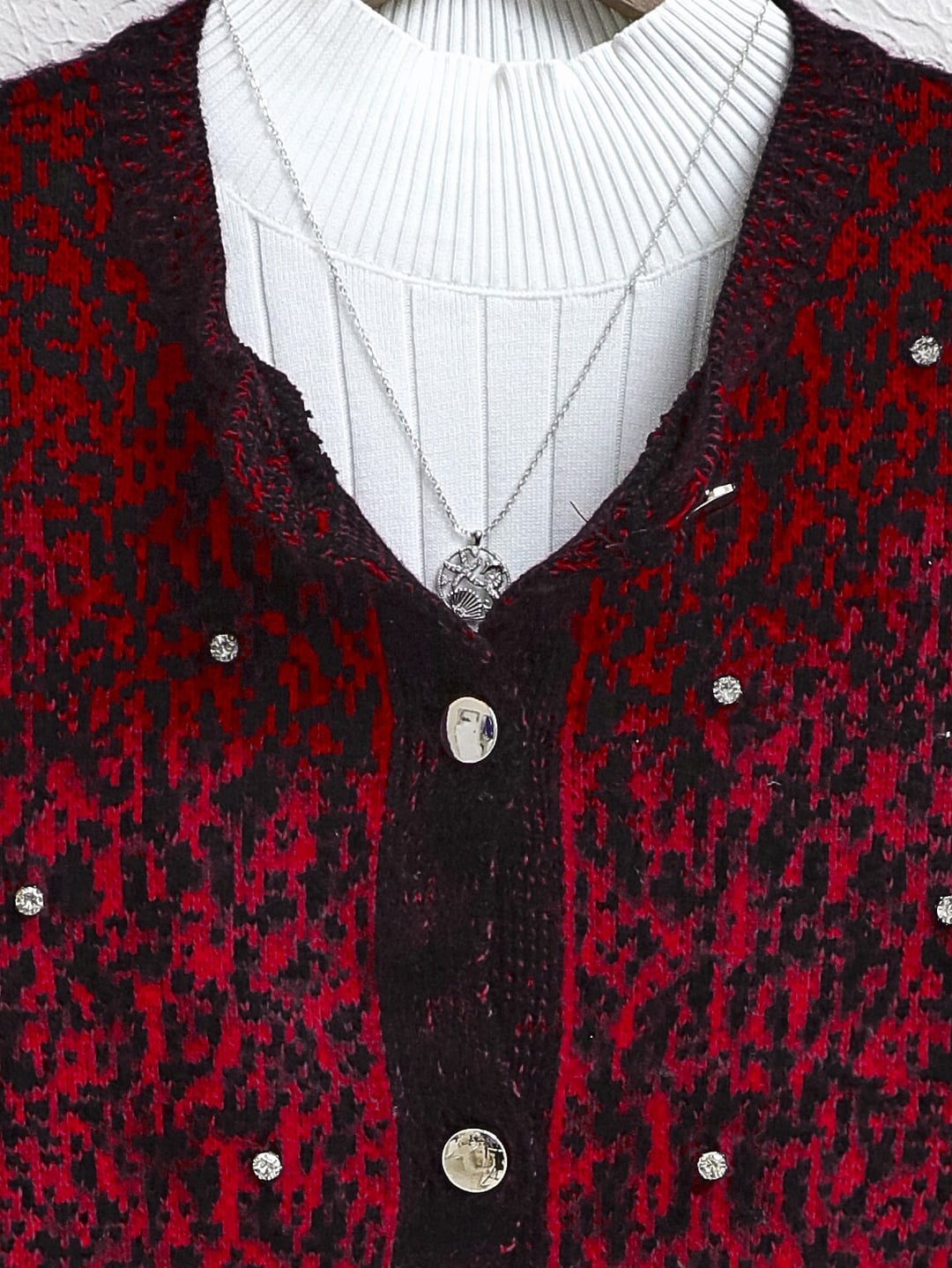 Red Cardigan with Metal Buttons and Rhinestone Details - Podyumplus - by Peralane - photo 3