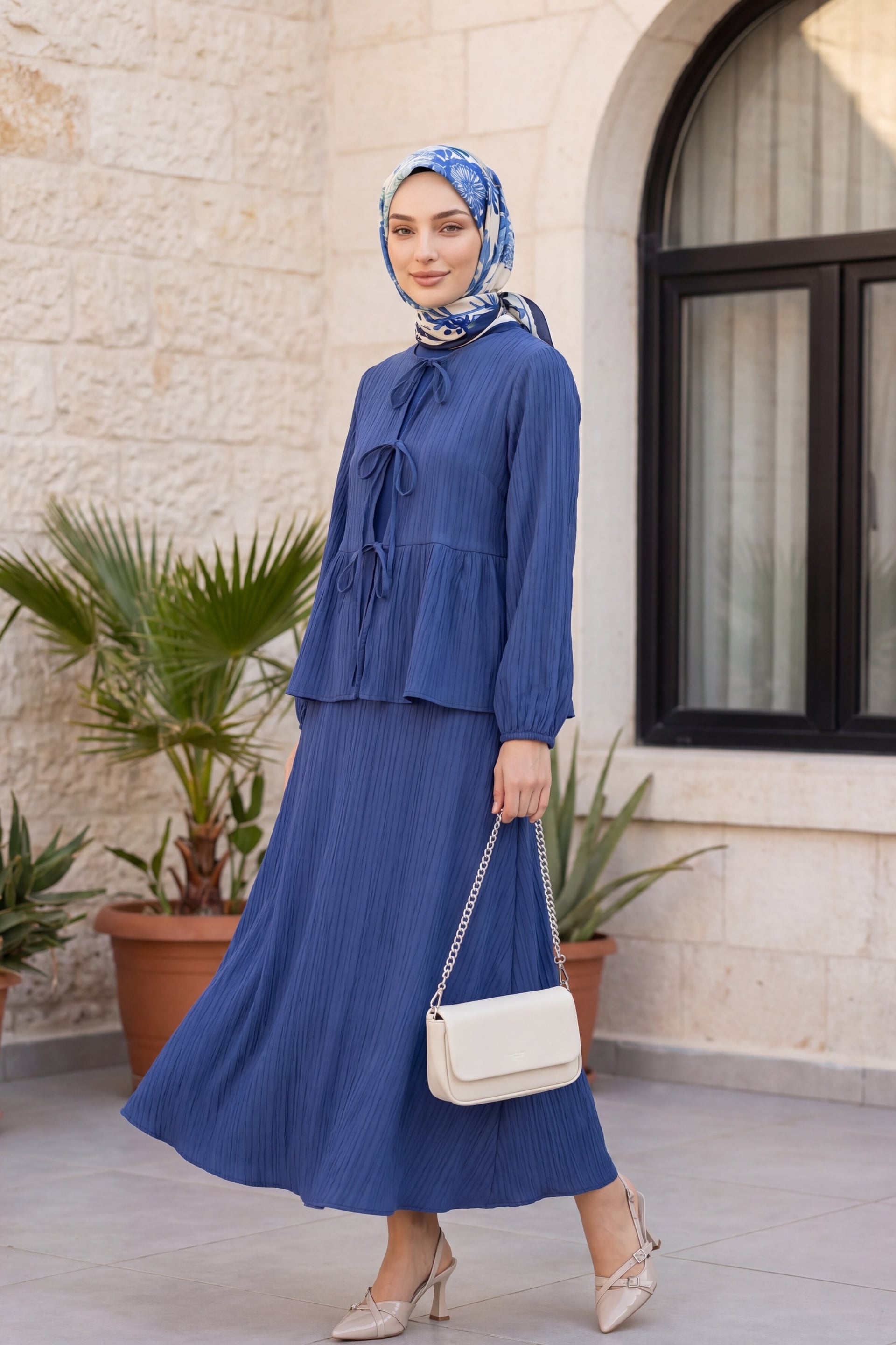 Front Tie Long Sleeve Peplum Top and Maxi Skirt Set in Indigo - Podyumplus - by Peralane - photo 2