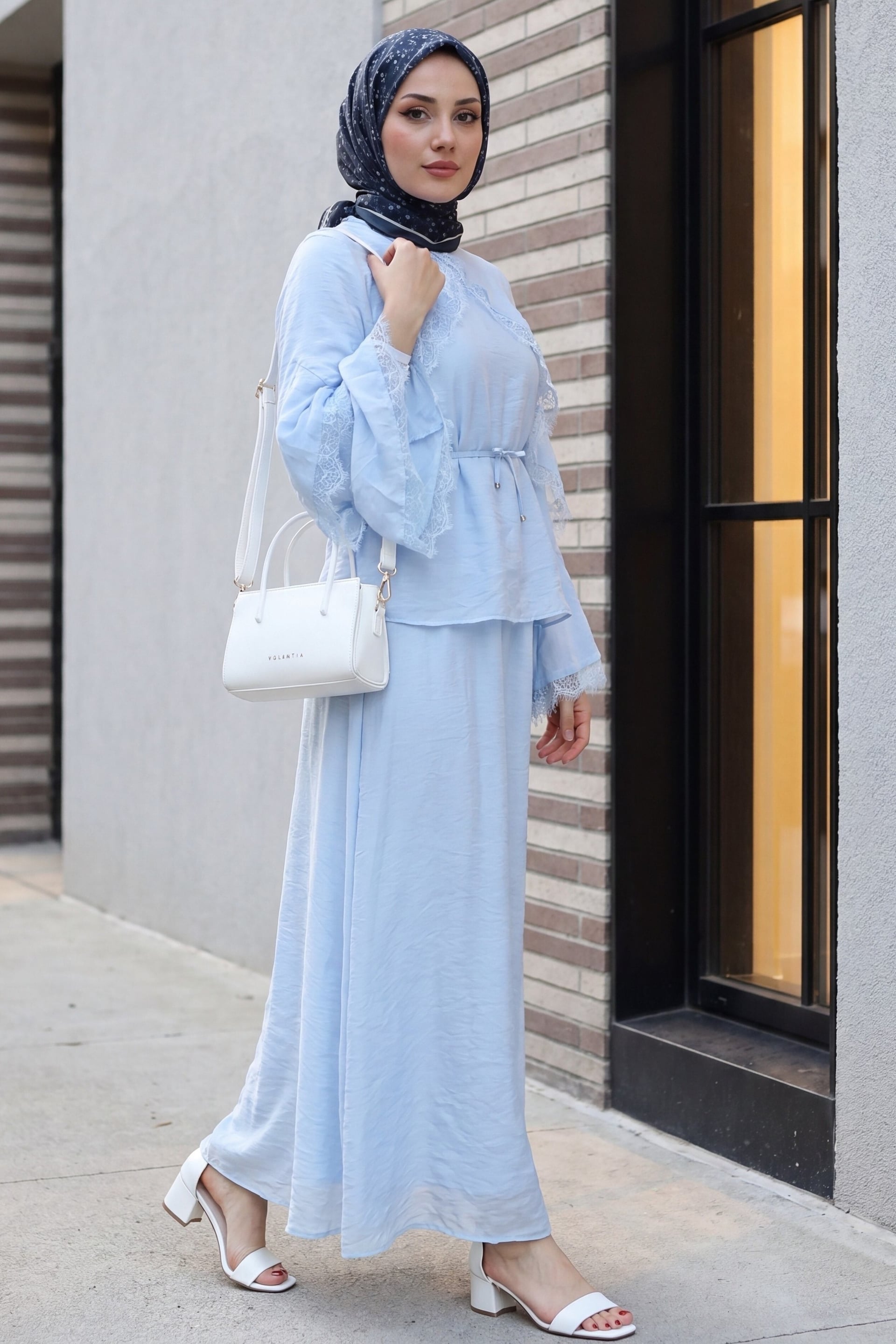 Lace Trim Spanish Sleeve Lined Belted Tulle Voile Skirt Set - Baby Blue - Podyumplus - by Peralane - photo 3