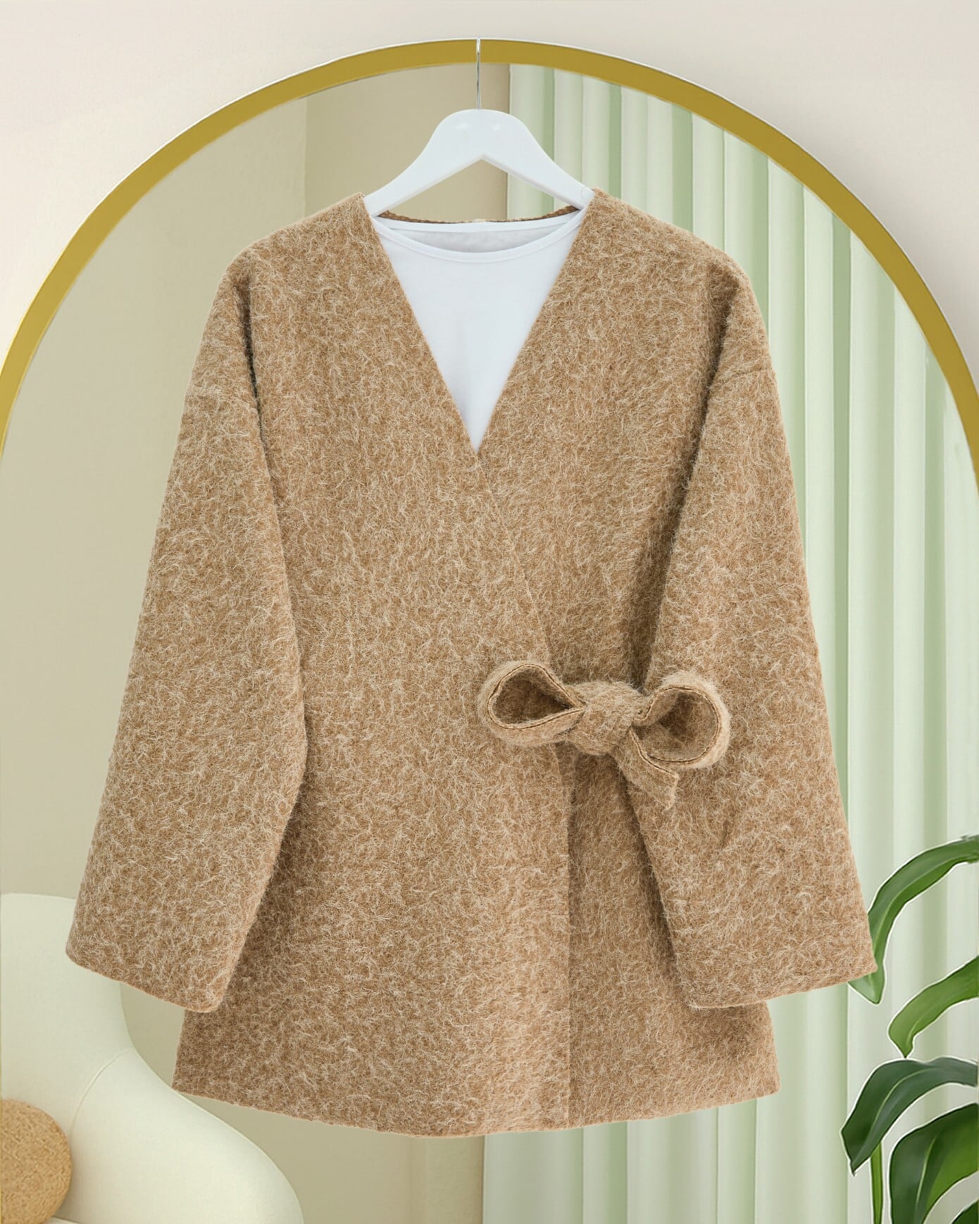 Side-Tie Fringed Kimono Cardigan - Camel - Podyumplus - by Peralane - photo 2