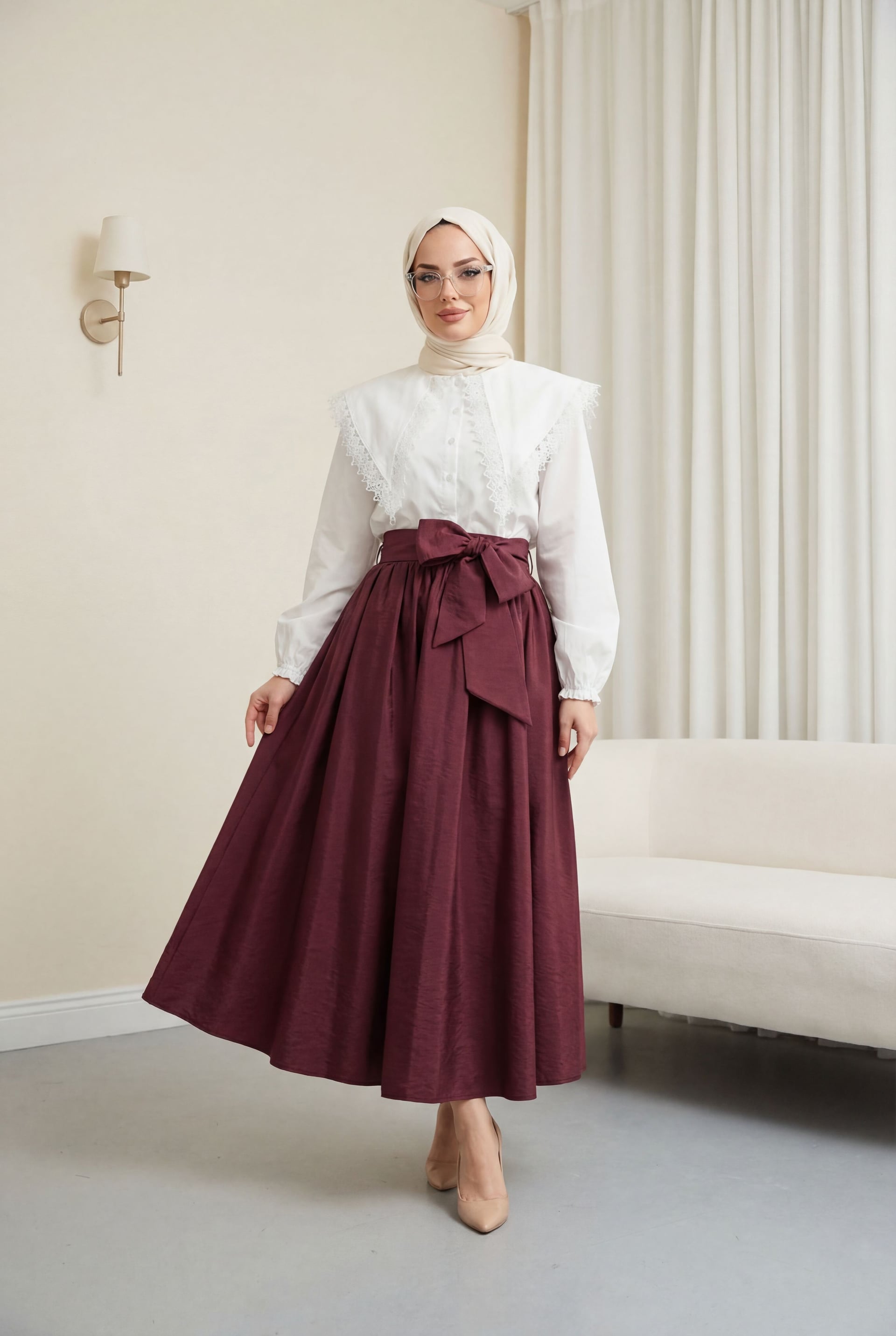 Lace Collar Button-Up Poplin Blouse with Burgundy Skirt Set - Podyumplus - by Peralane - photo 2
