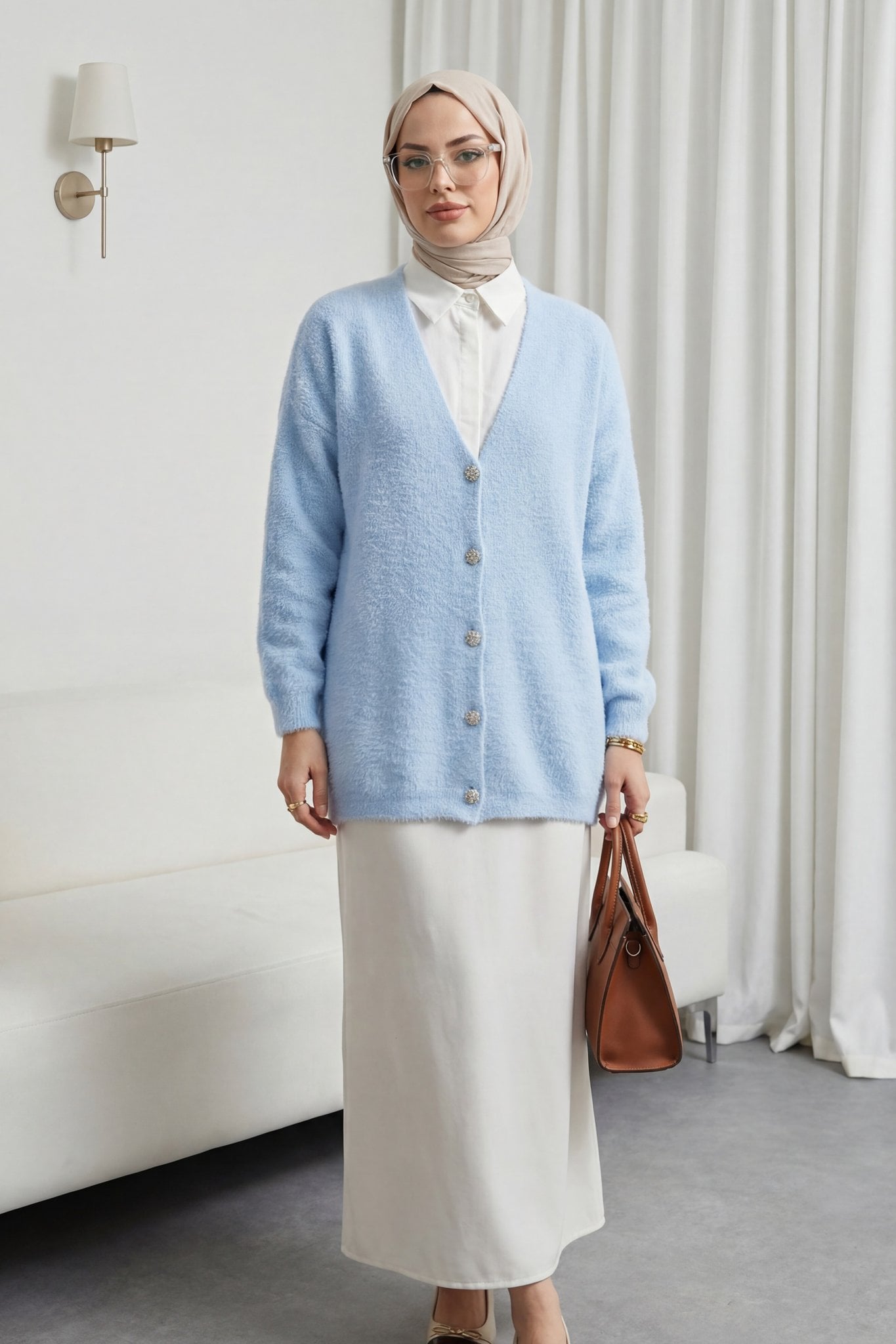Button-Front Fuzzy Knit Cardigan - Blue - Podyumplus - by Peralane - photo 5