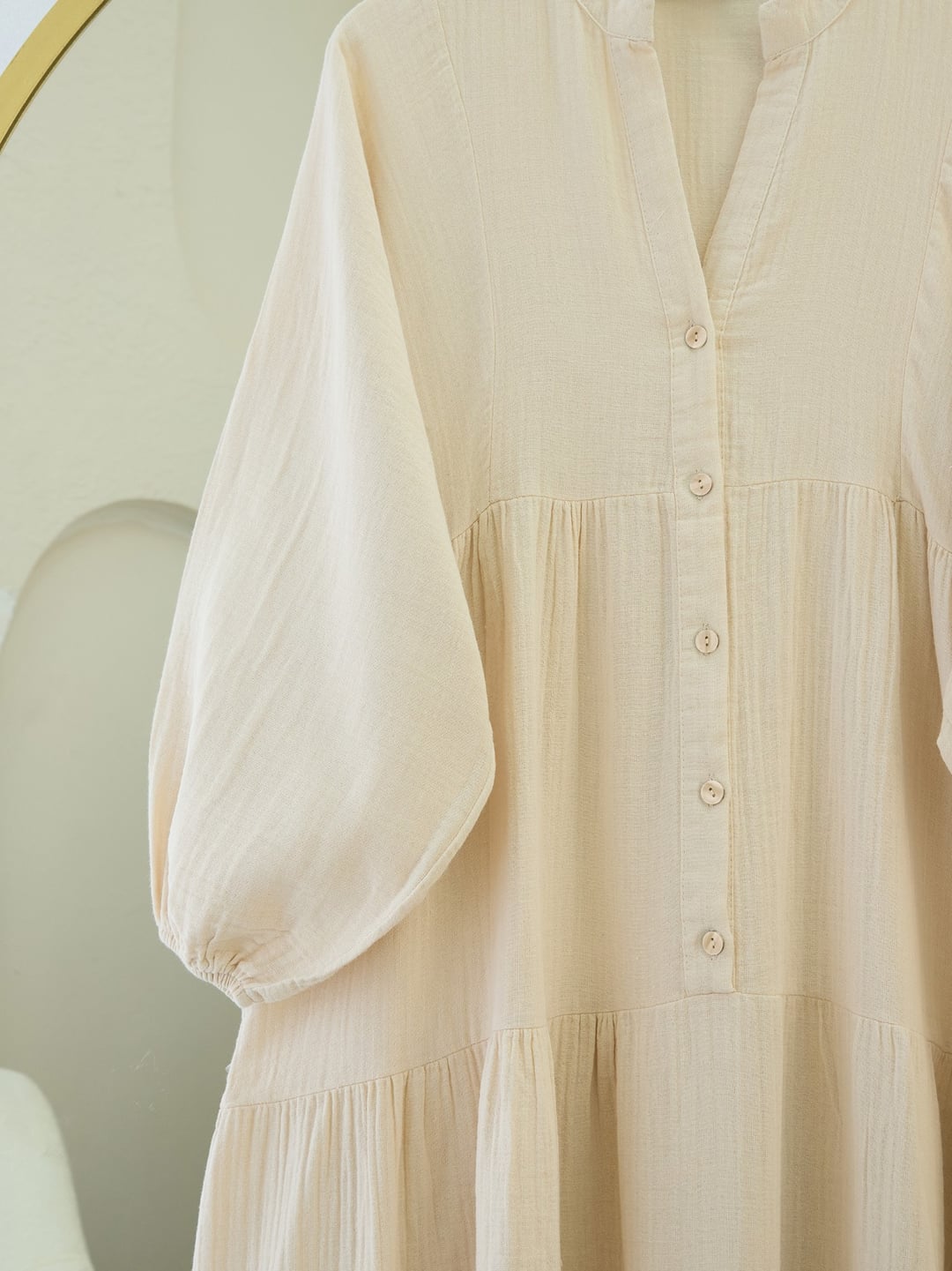 Half Button Tiered Muslin Dress - Beige - Podyumplus - by Peralane - photo 5
