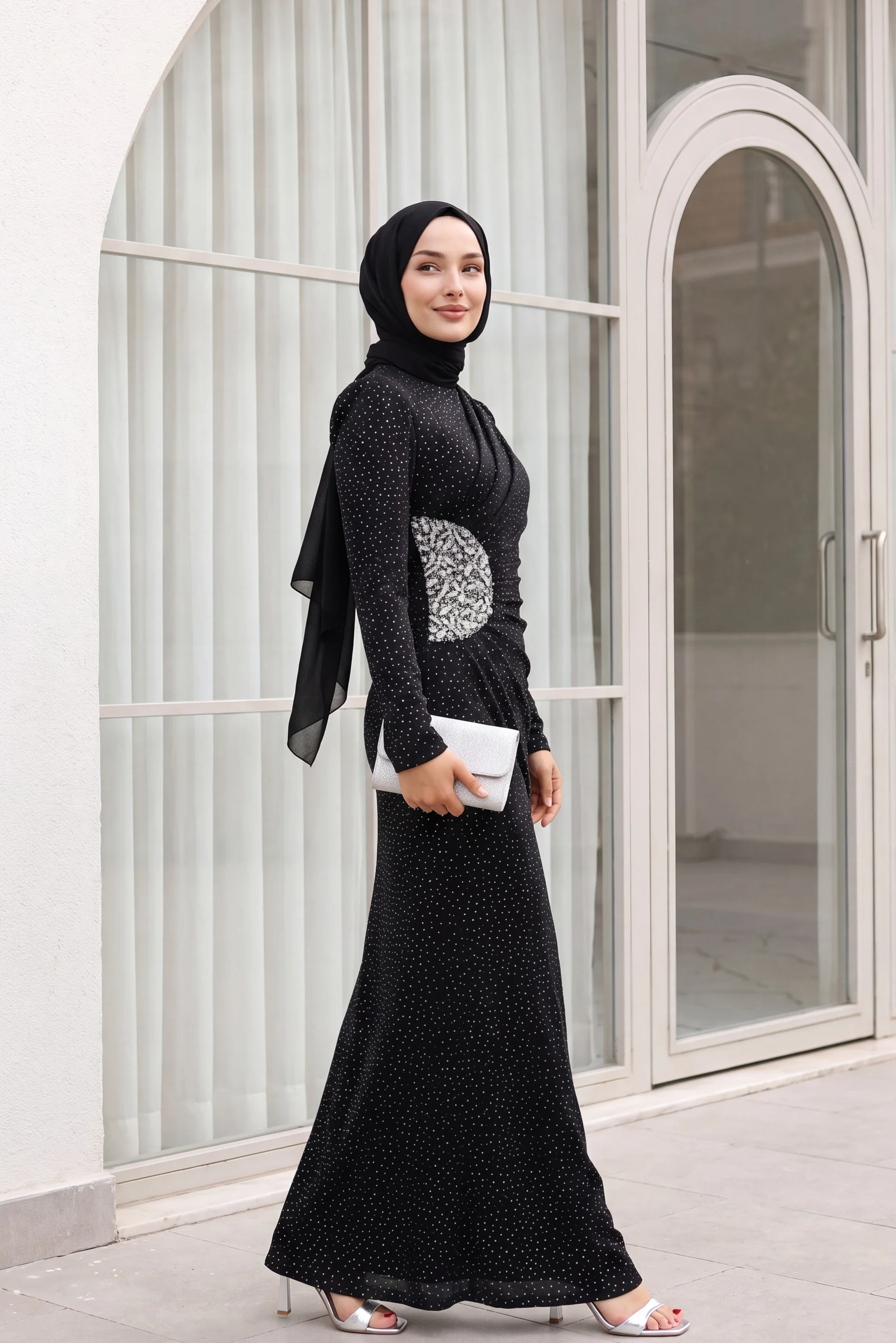 Black Sequin Capelet Evening Dress with Draped Front - Podyumplus - by Peralane - photo 3