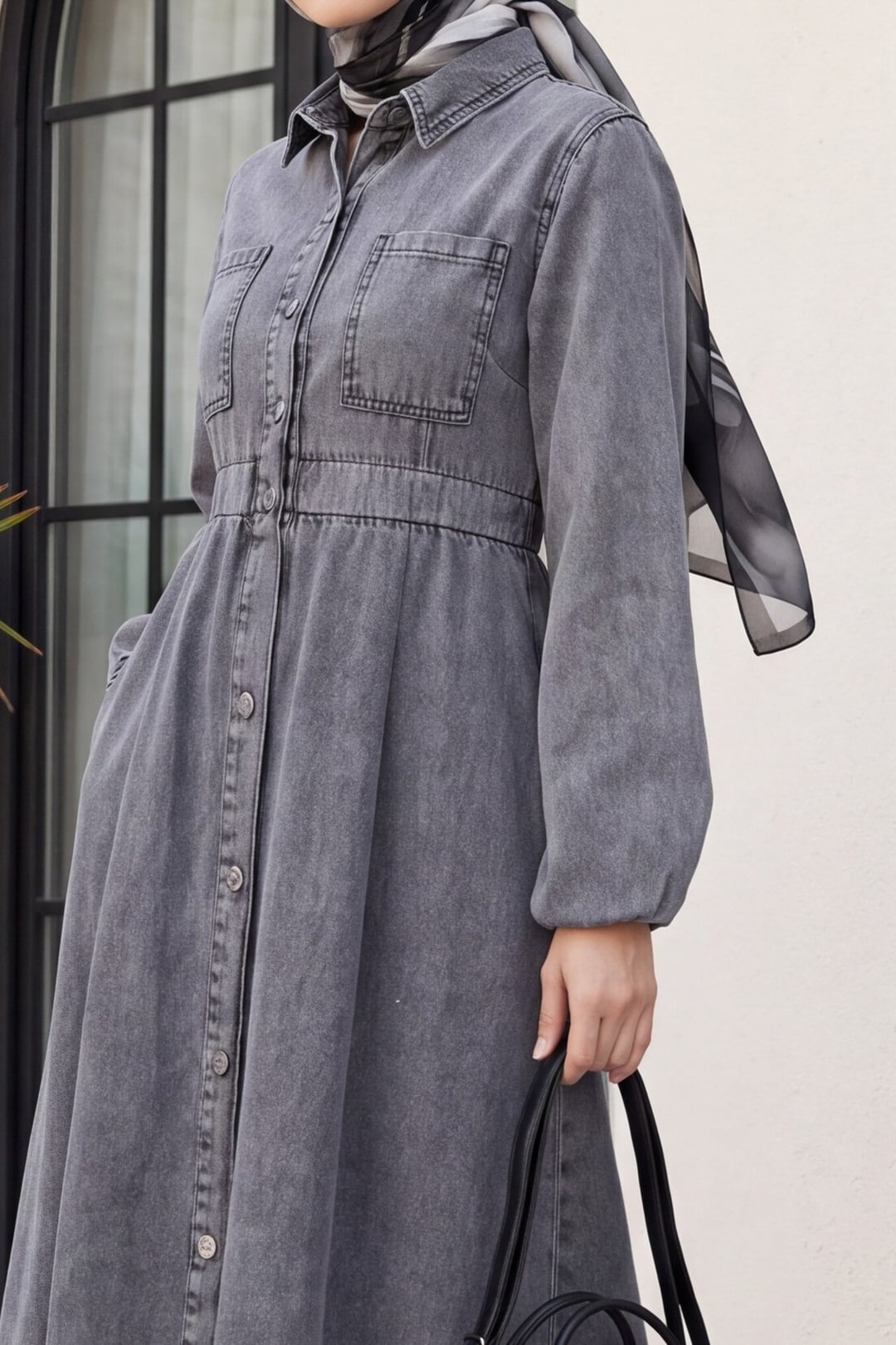 Smoke Grey Elasticated Waist Denim Dress with Side Pockets - Podyumplus - by Peralane - photo 3