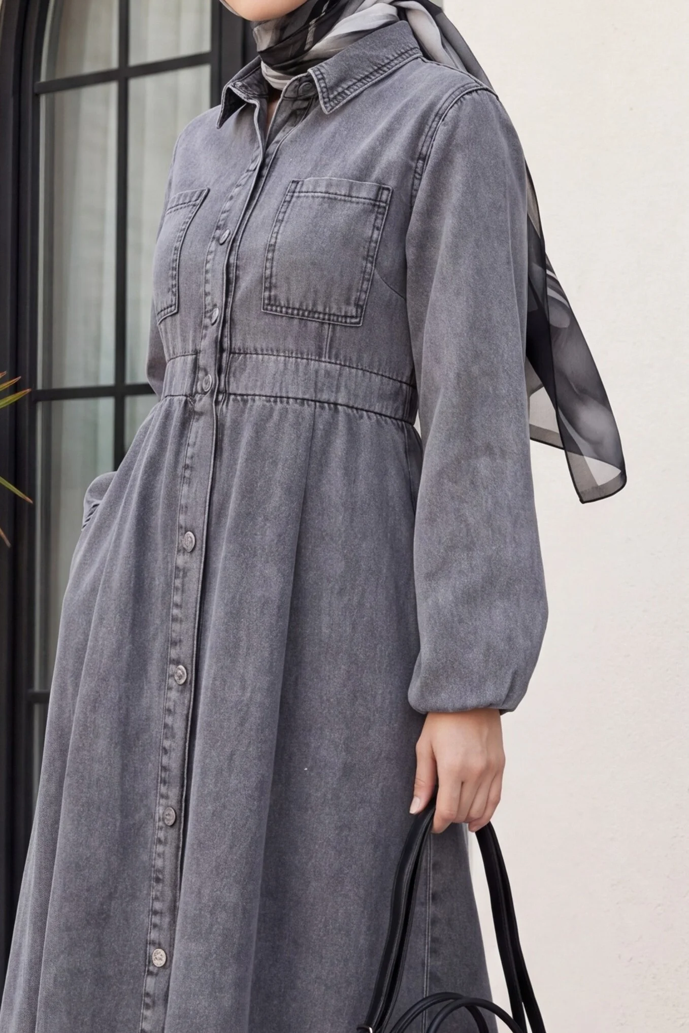 Smoke Grey Elasticated Waist Denim Dress with Side Pockets - Podyumplus - by Peralane - photo 3