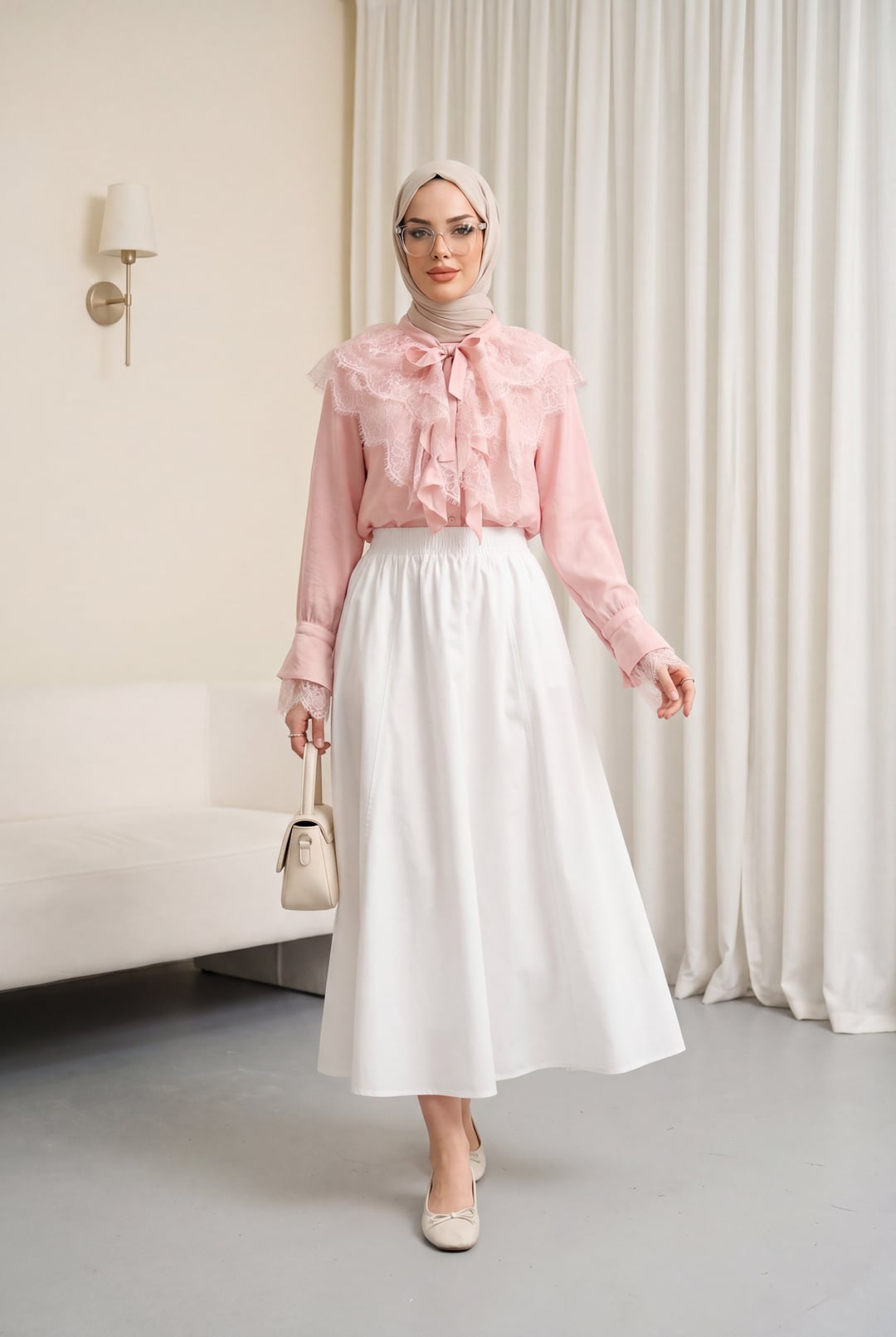 Lace-Trimmed Long-Back Blouse with Tie Neckline - Powder - Podyumplus - by Peralane - photo 3