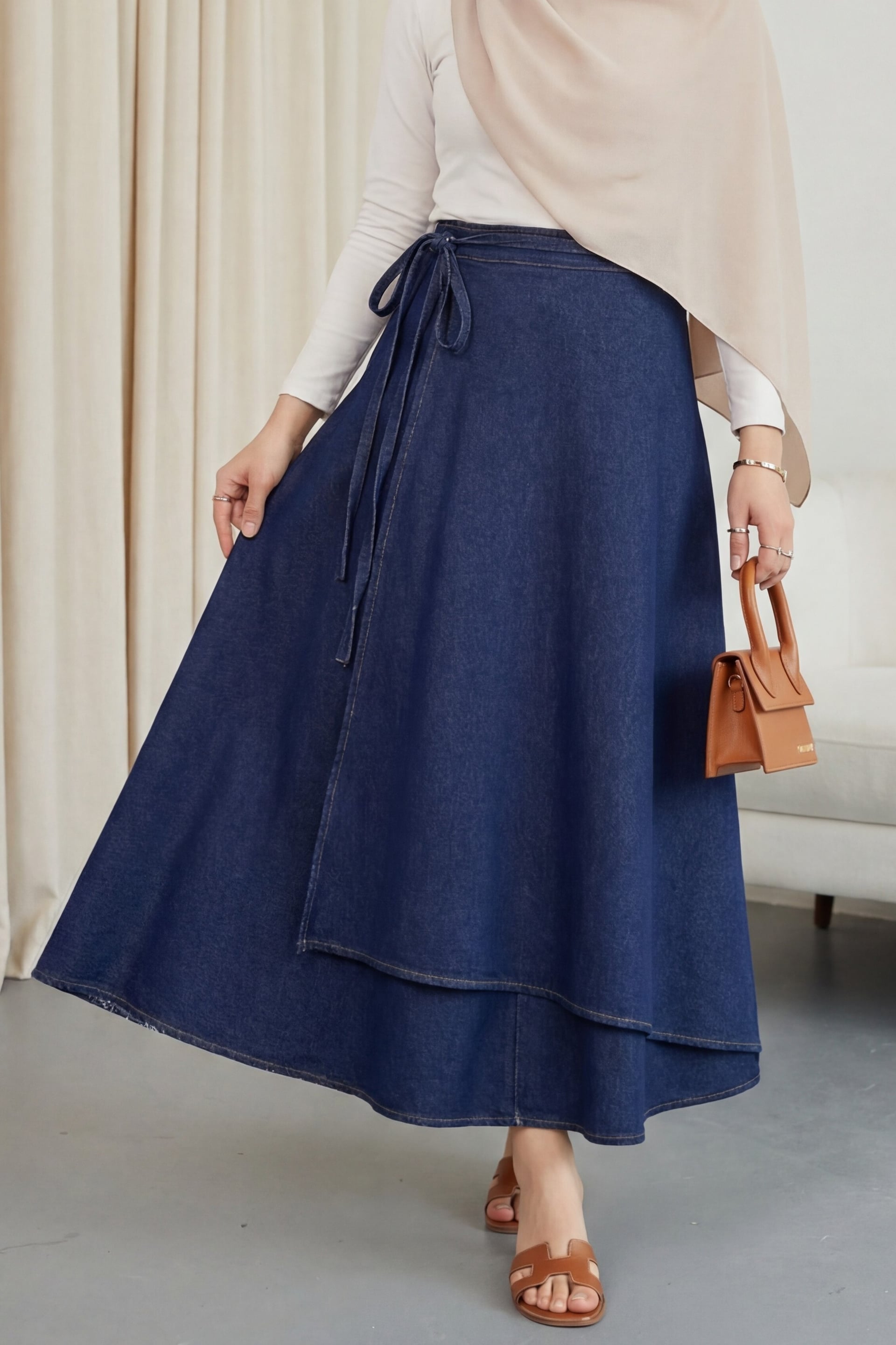 Dark Navy Double-Layer Wrap Denim Skirt with Side Tie - Podyumplus - by Peralane