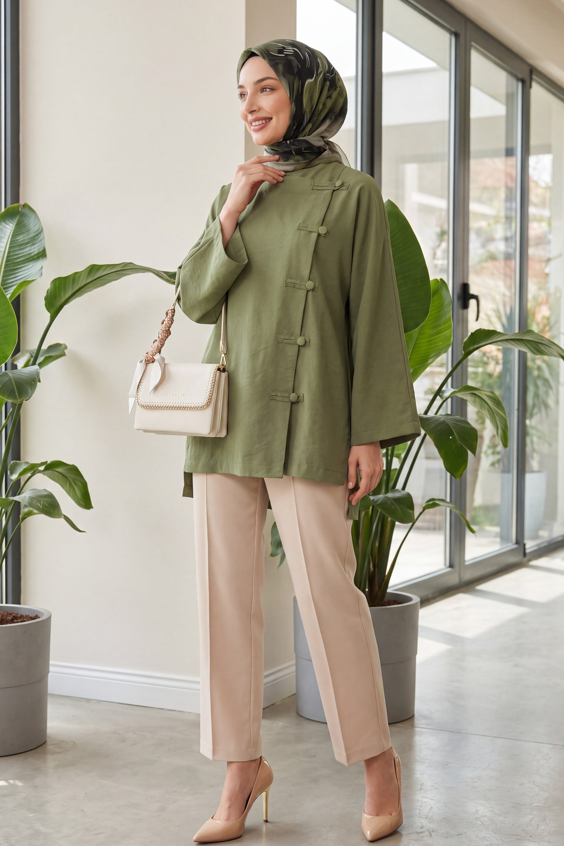 Round Neck Button Front Long Back Polyviscose Tunic - Olive Green - Podyumplus - by Peralane - photo 4