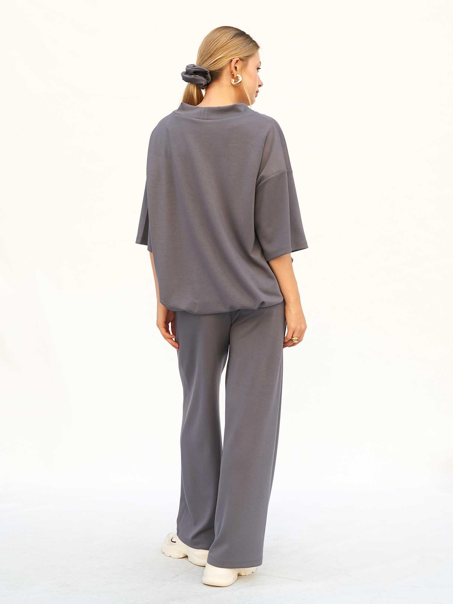 Women's Anthracite V-Neck Knit Blouse with Matching Trousers Set - Lefon - by Peralane - photo 3