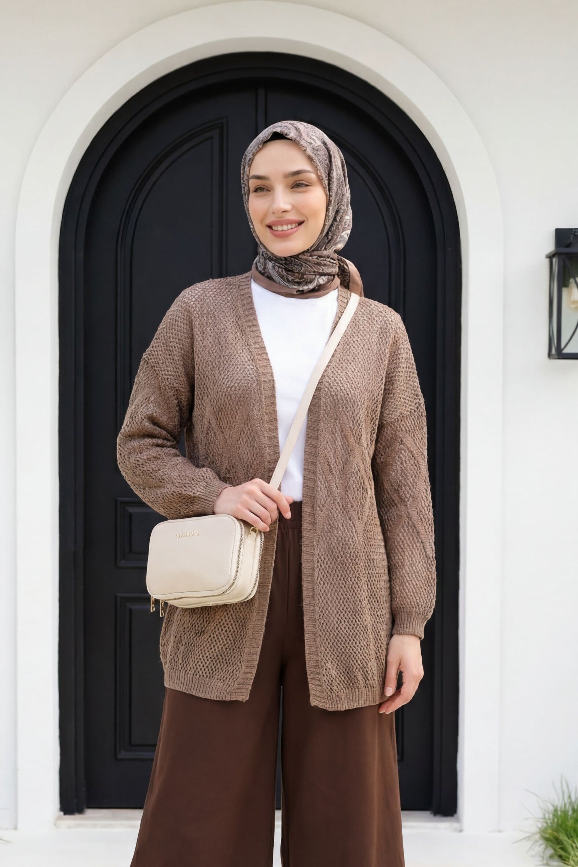 Diamond Pattern Openwork Knit Cardigan - Light Brown - Podyumplus - by Peralane - photo 2