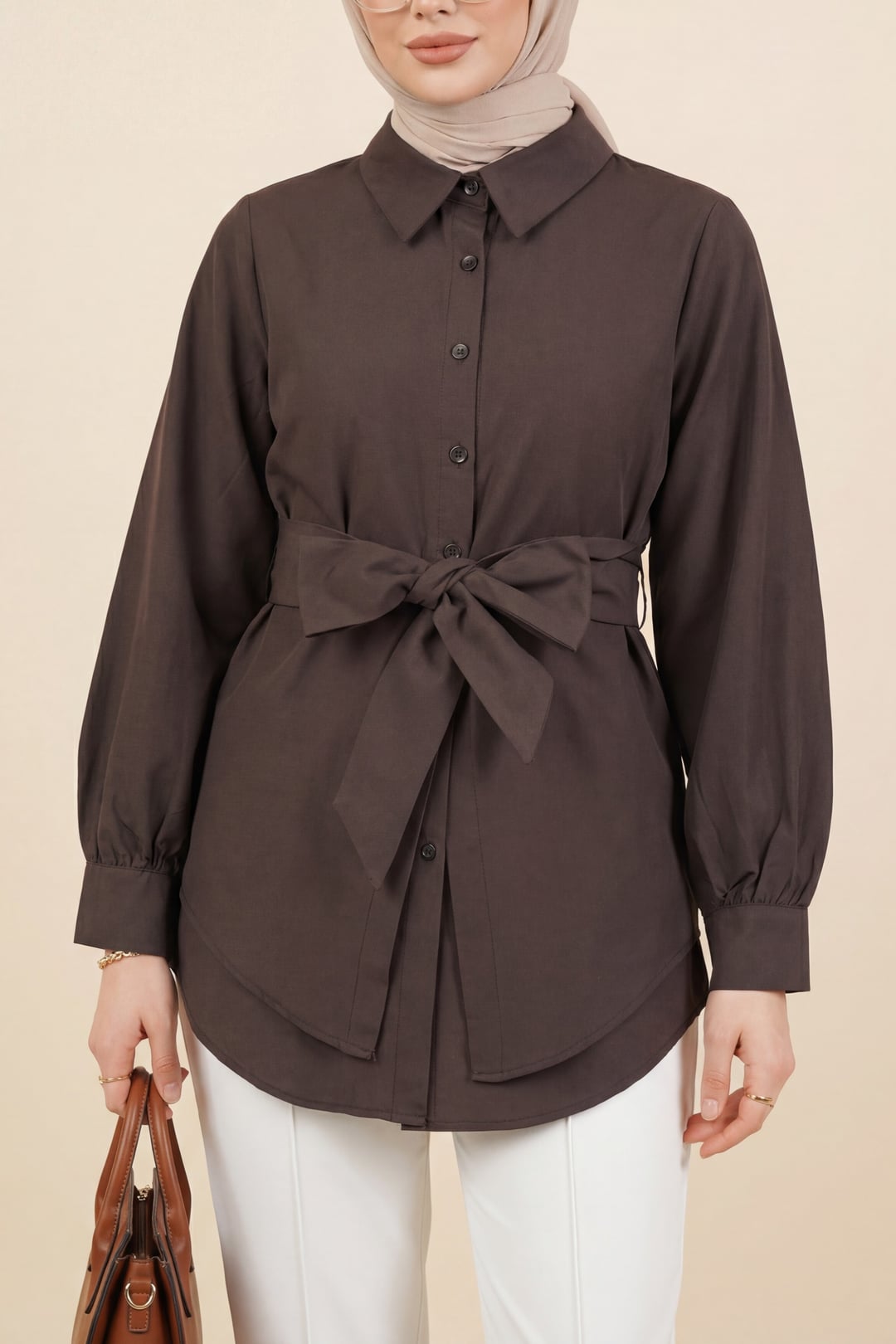 Self-Tie Poplin Tunic - Brown - Podyumplus - by Peralane - photo 3