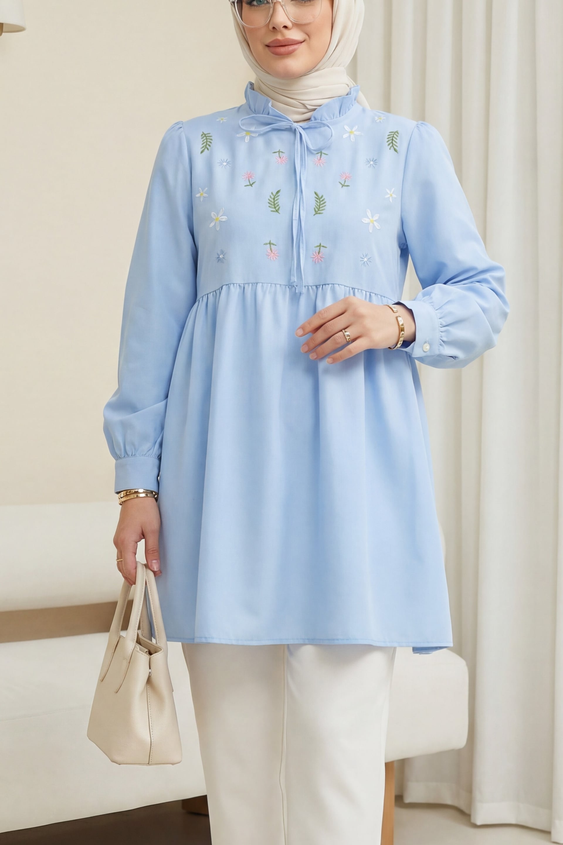 V-Neck Tie-Front Ruffled Floral Embroidered Poplin Tunic - Baby Blue - Podyumplus - by Peralane - photo 5
