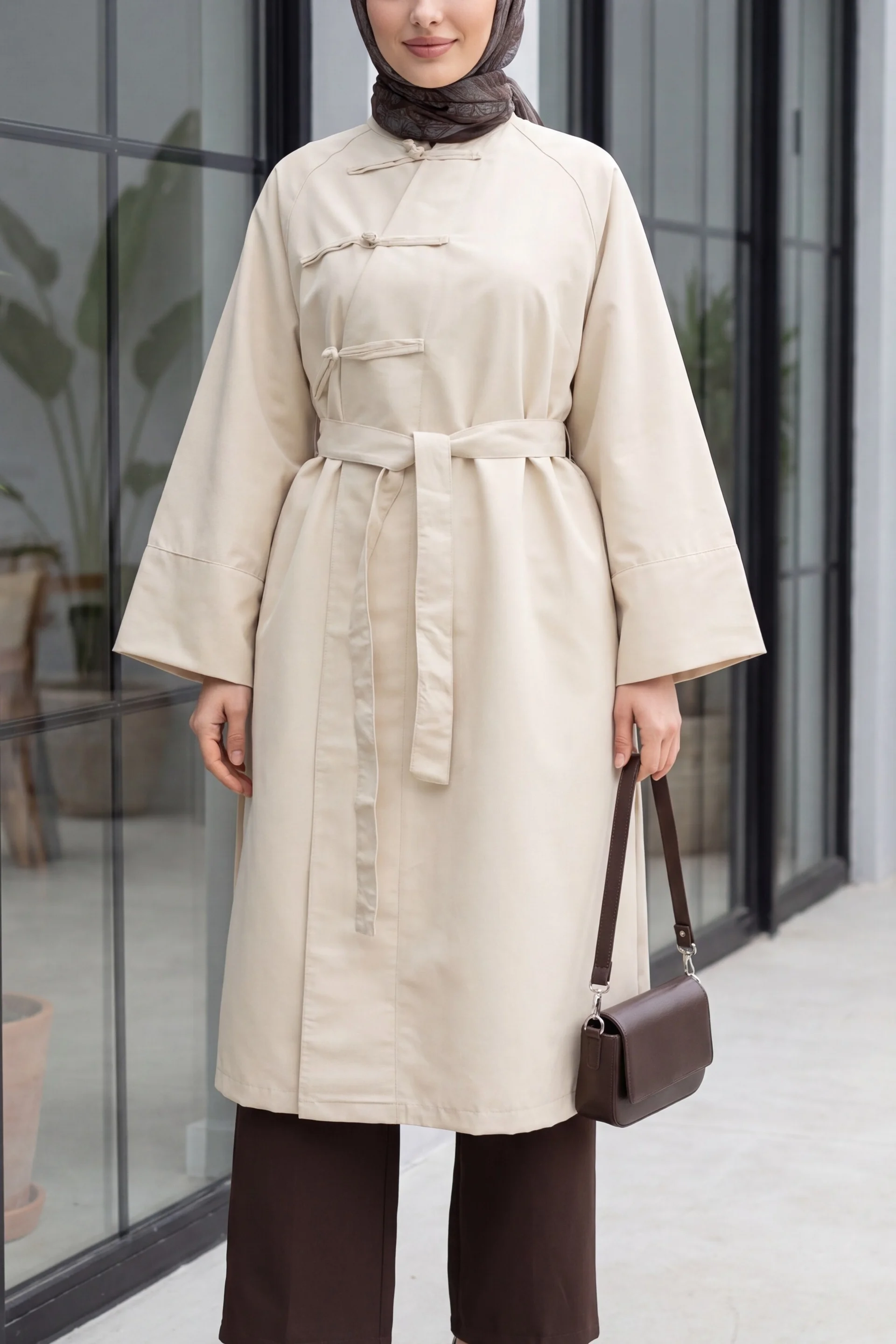 Frog Closure Slit Belted Trench Coat - Beige - Podyumplus - by Peralane