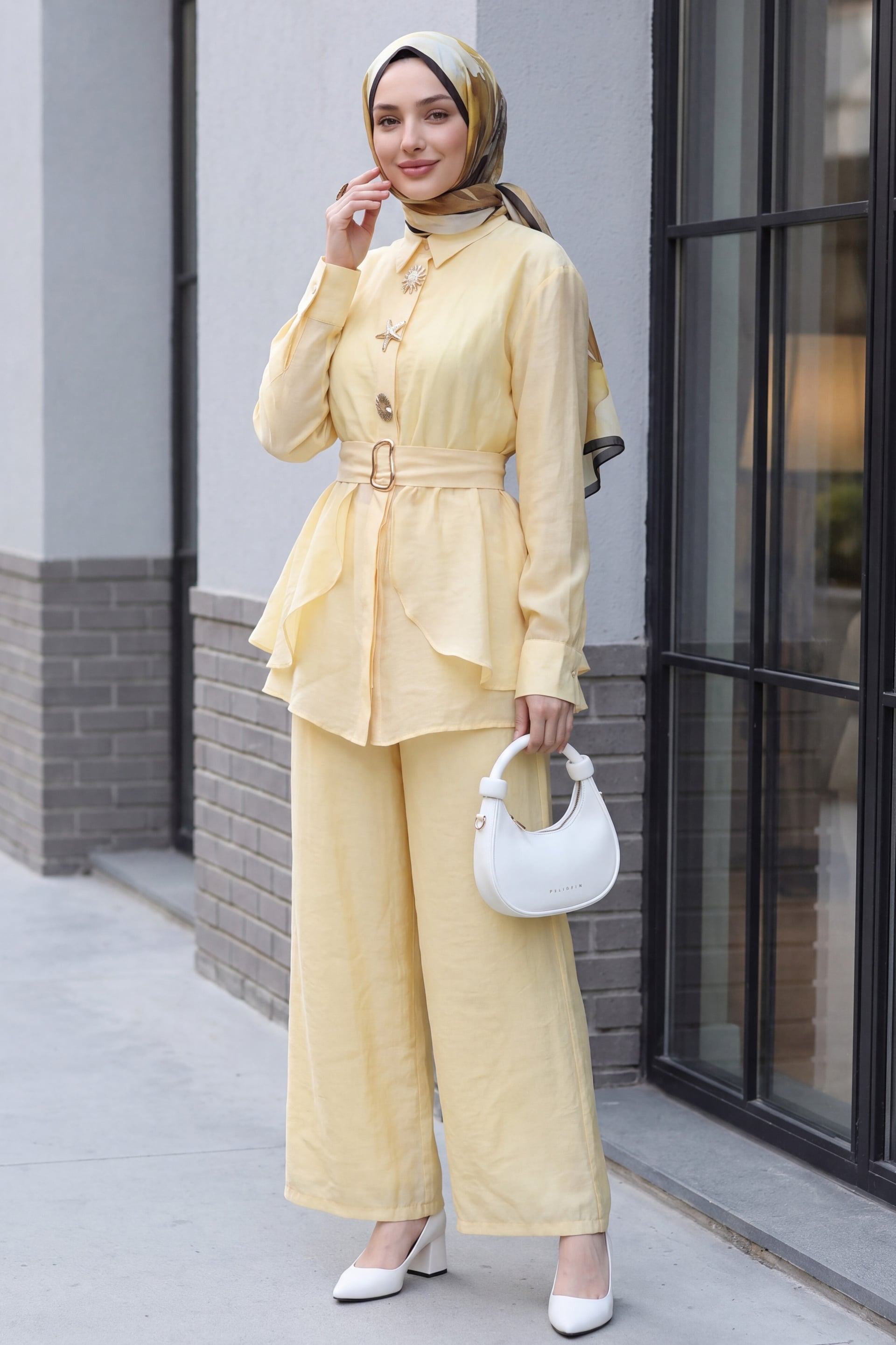 Lined Cupra Two-Piece Set with Elastic Belt and Pocketed Trousers - Yellow - Podyumplus - by Peralane - photo 6