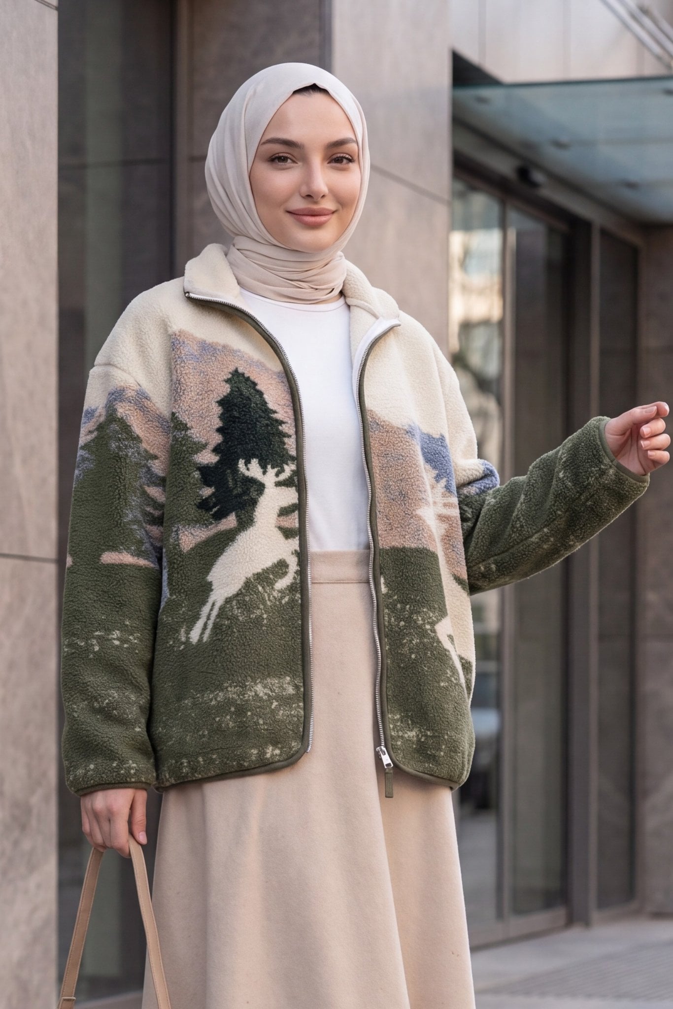 Patterned Zip-Up Fleece Jacket with Pockets - Khaki - Podyumplus - by Peralane - photo 4