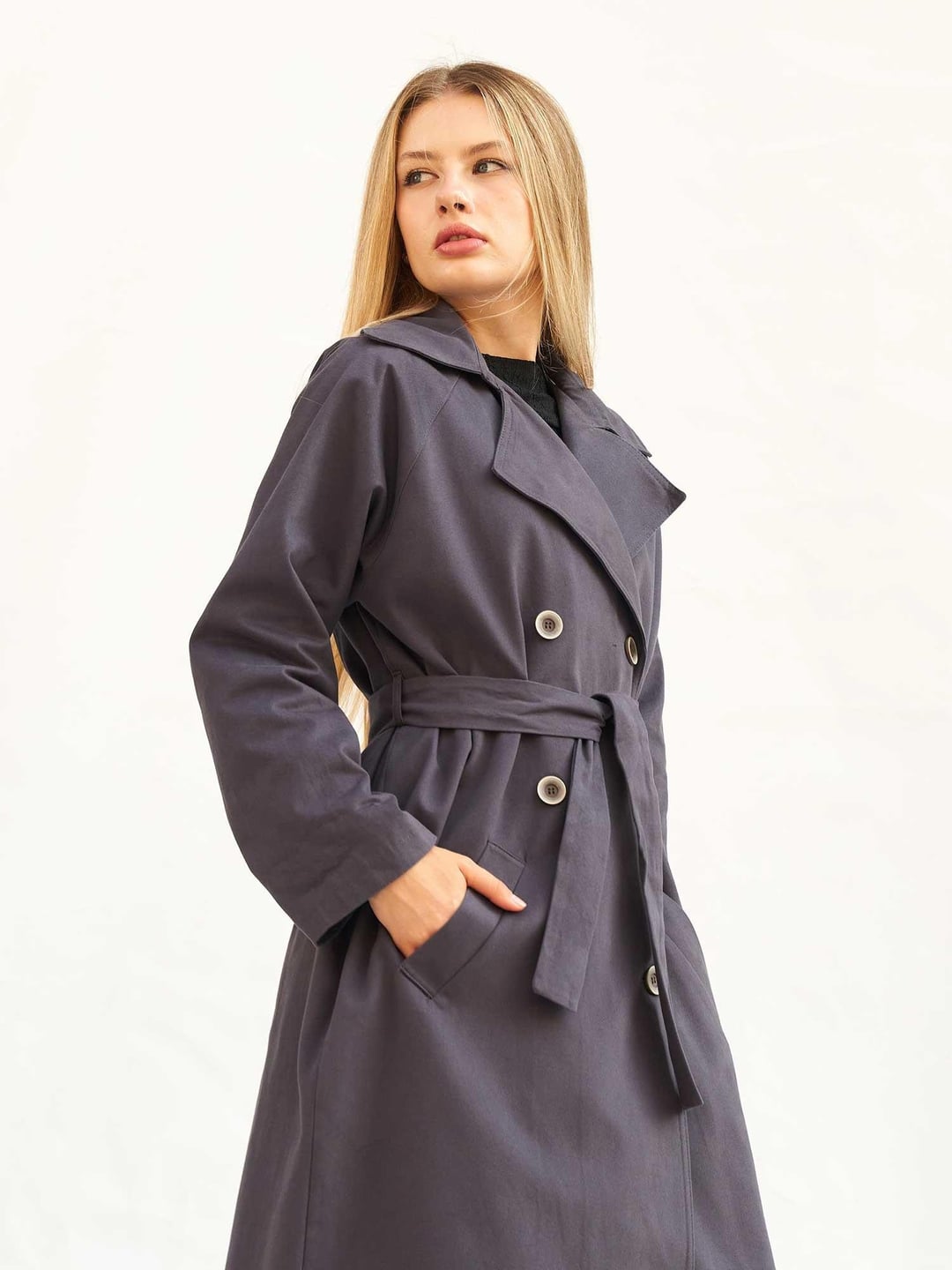 Belted Double-Breasted Long Trench Coat in Dark Grey - Lefon - by Peralane - photo 6