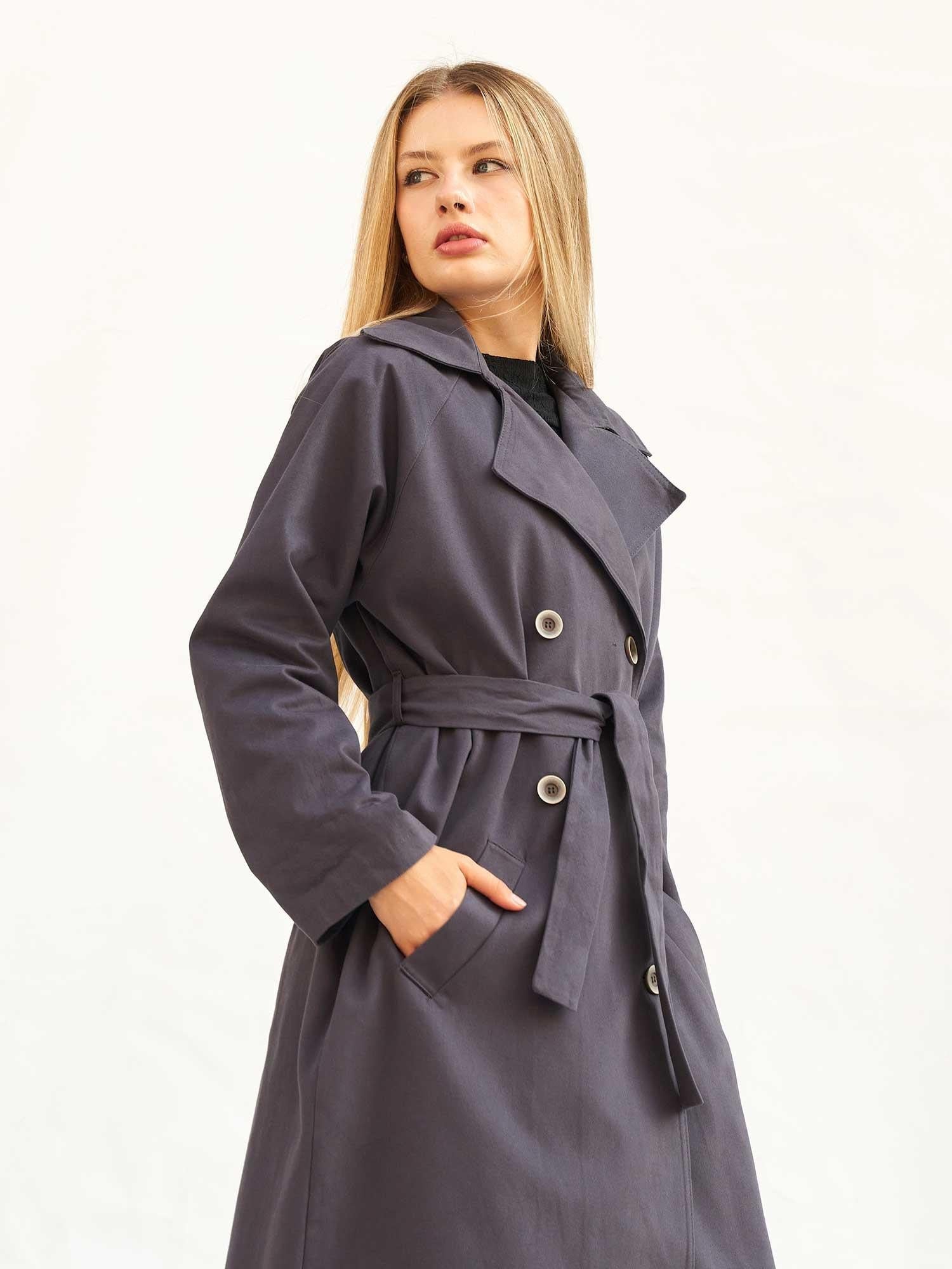 Belted Double-Breasted Long Trench Coat in Dark Grey - Lefon - by Peralane - photo 6