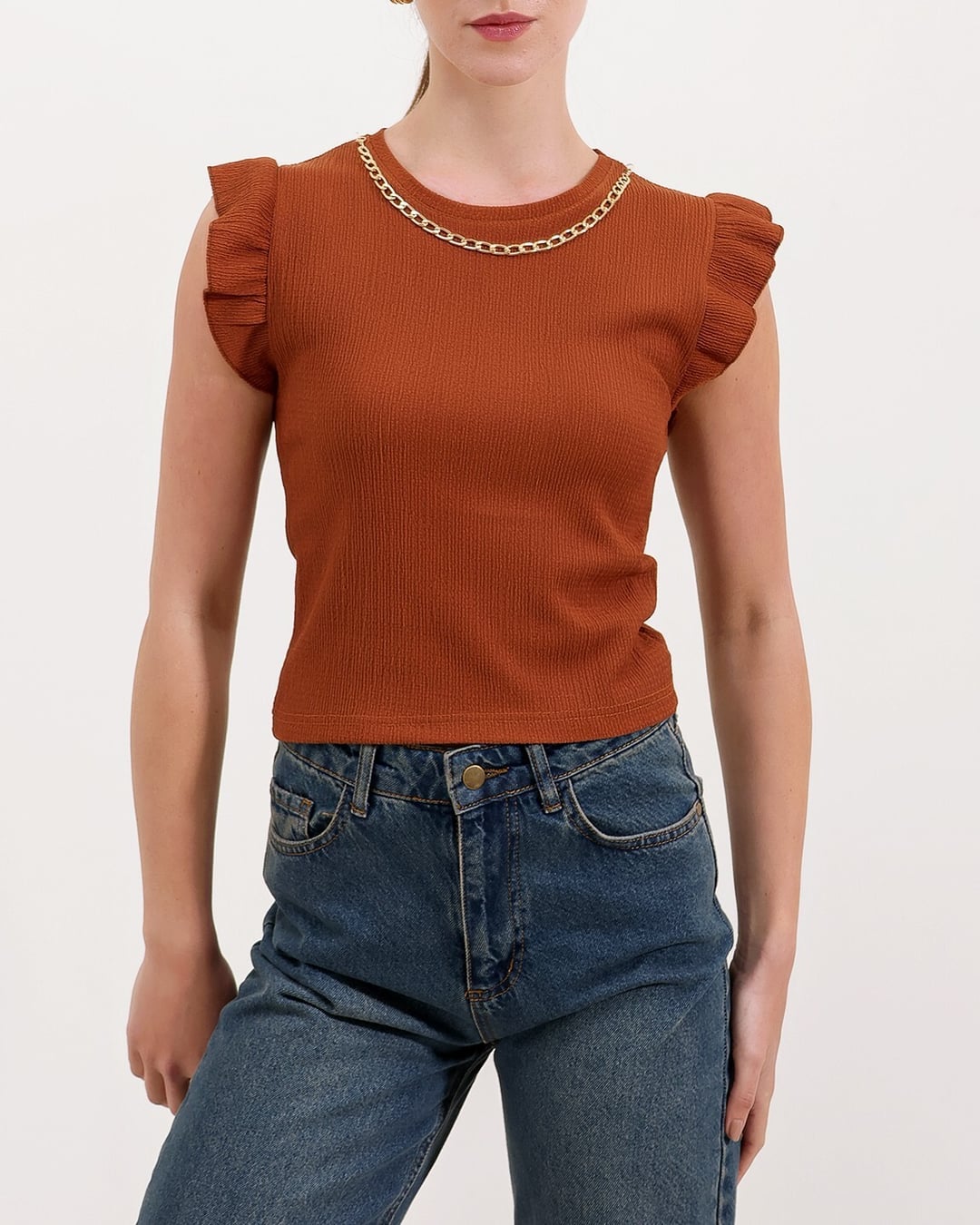 Ribbed Knit Blouse with Ruffle Cap Sleeves and Gold Chain Trim - Rust - Wholeskop - by Peralane - photo 2