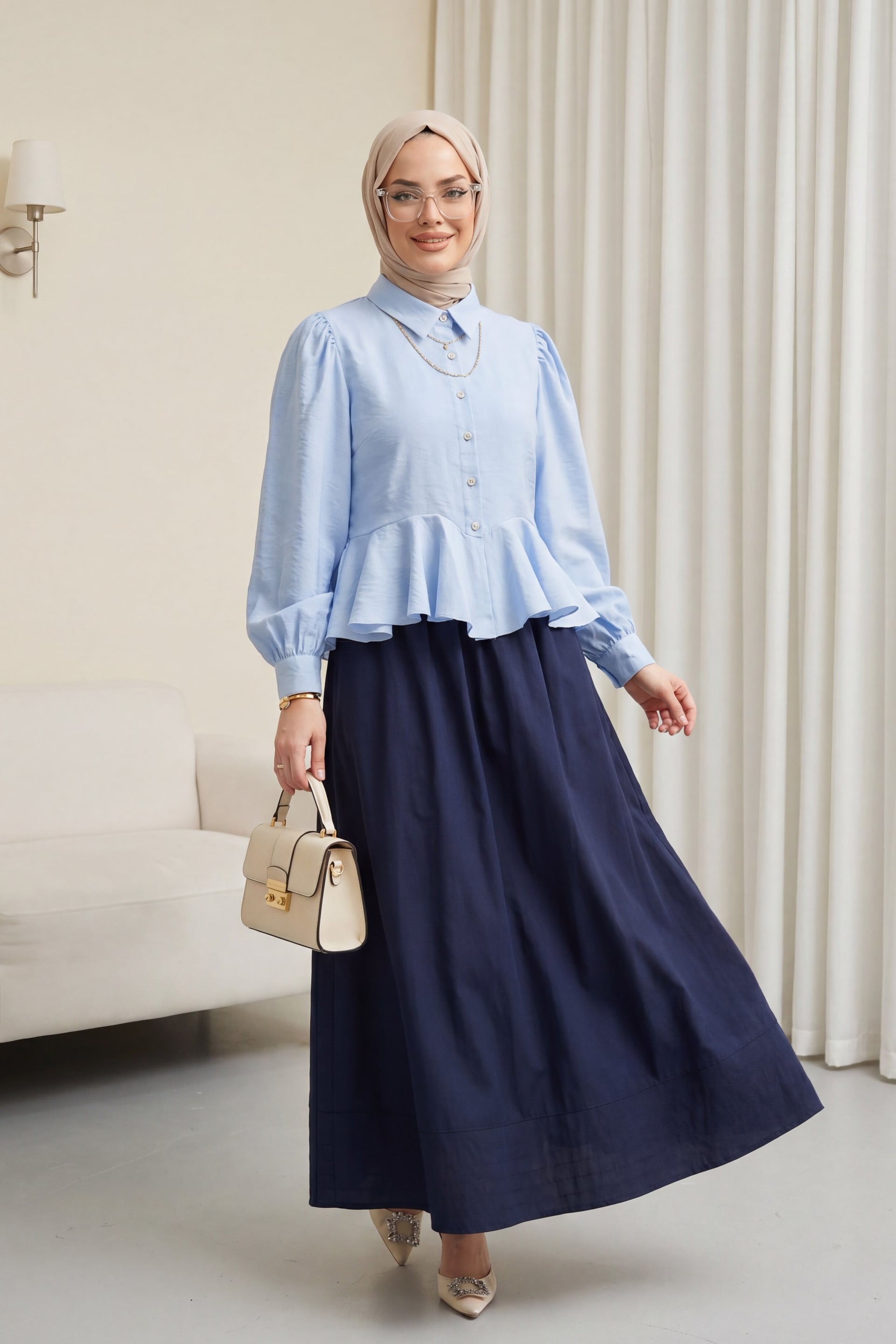 Stone-Button Peplum Modal Blouse - Baby Blue - Podyumplus - by Peralane - photo 2