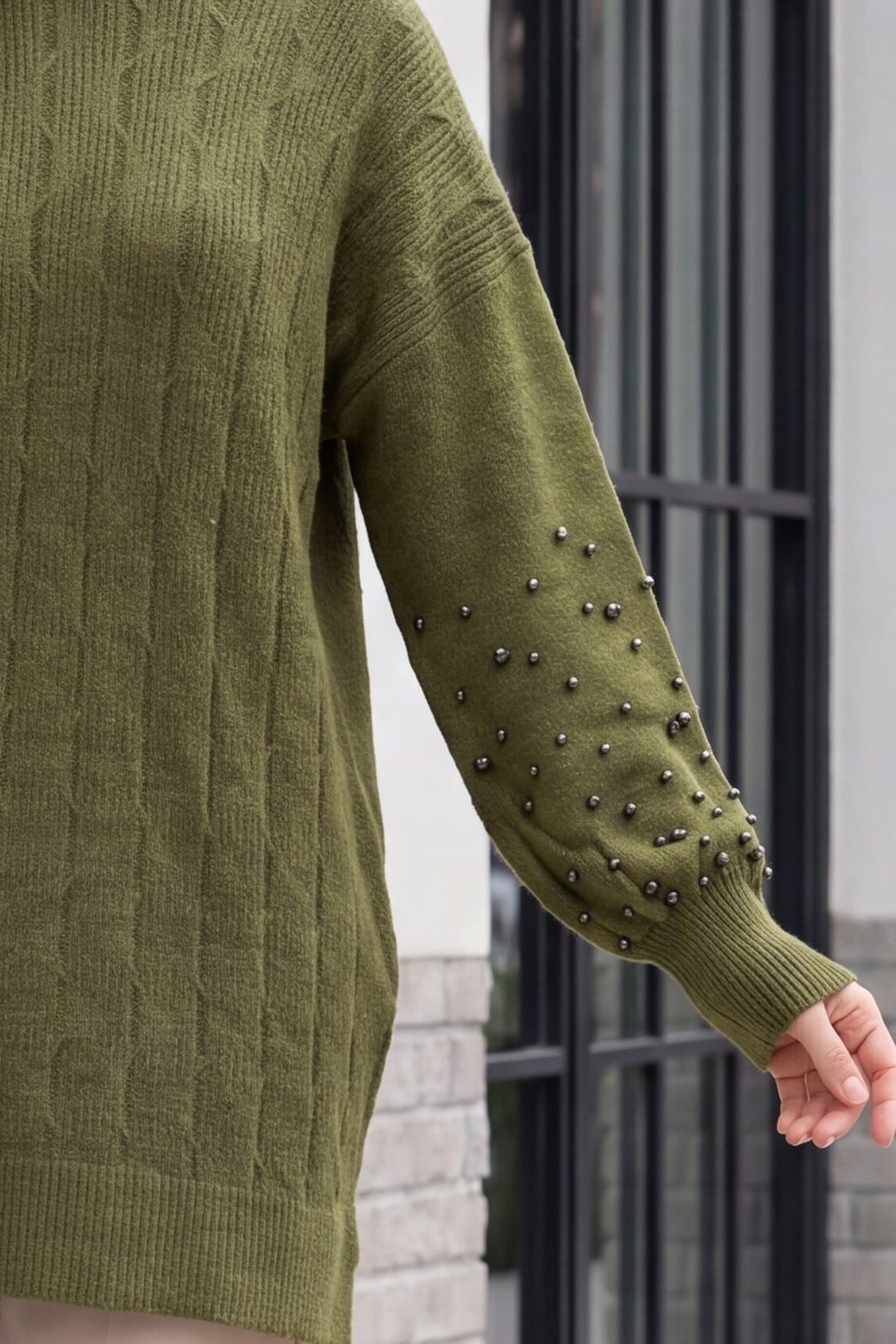 Pearl-Sleeve Patterned Relaxed Knit Tunic - Olive Green - Podyumplus - by Peralane - photo 6